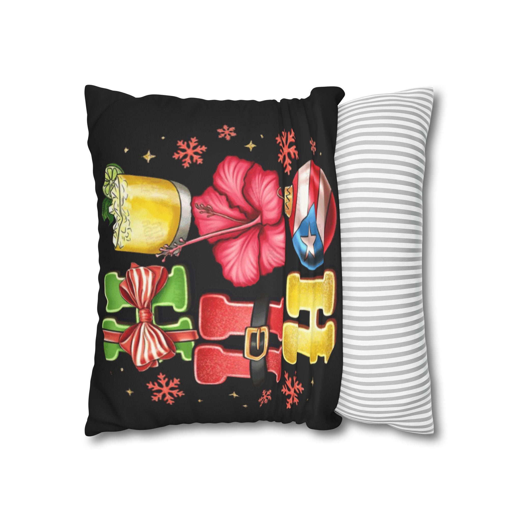 Holiday HOHO Pillow Cover  Puerto Rico Ornament, Hibiscus & Coquito Christmas Throw Pillowcase