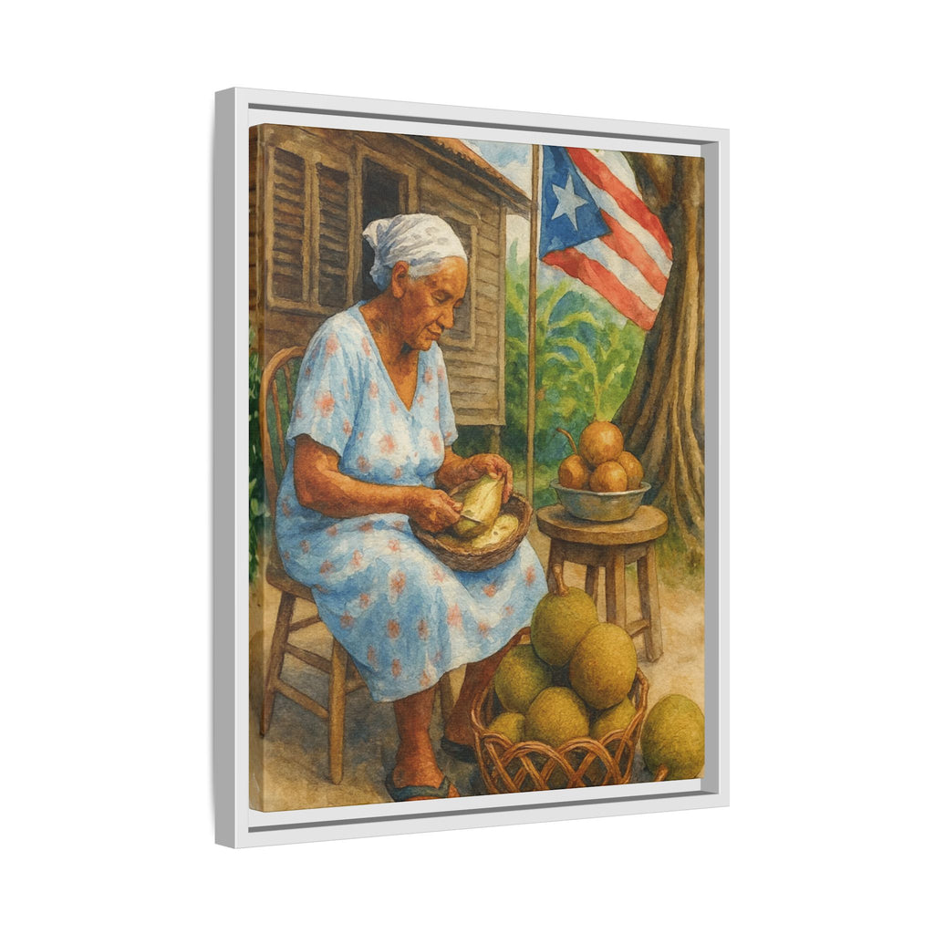 Cultural & Story-Driven These Puerto Rico inspired  Framed Matte Canvas Print  Woman Shelling Fruit Vintage Tropical Painting