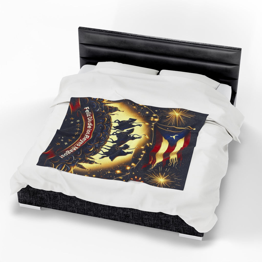 Velveteen Plush Blanket  Feliz Día de los Reyes Magos Puerto Rico Flag Holiday Throw