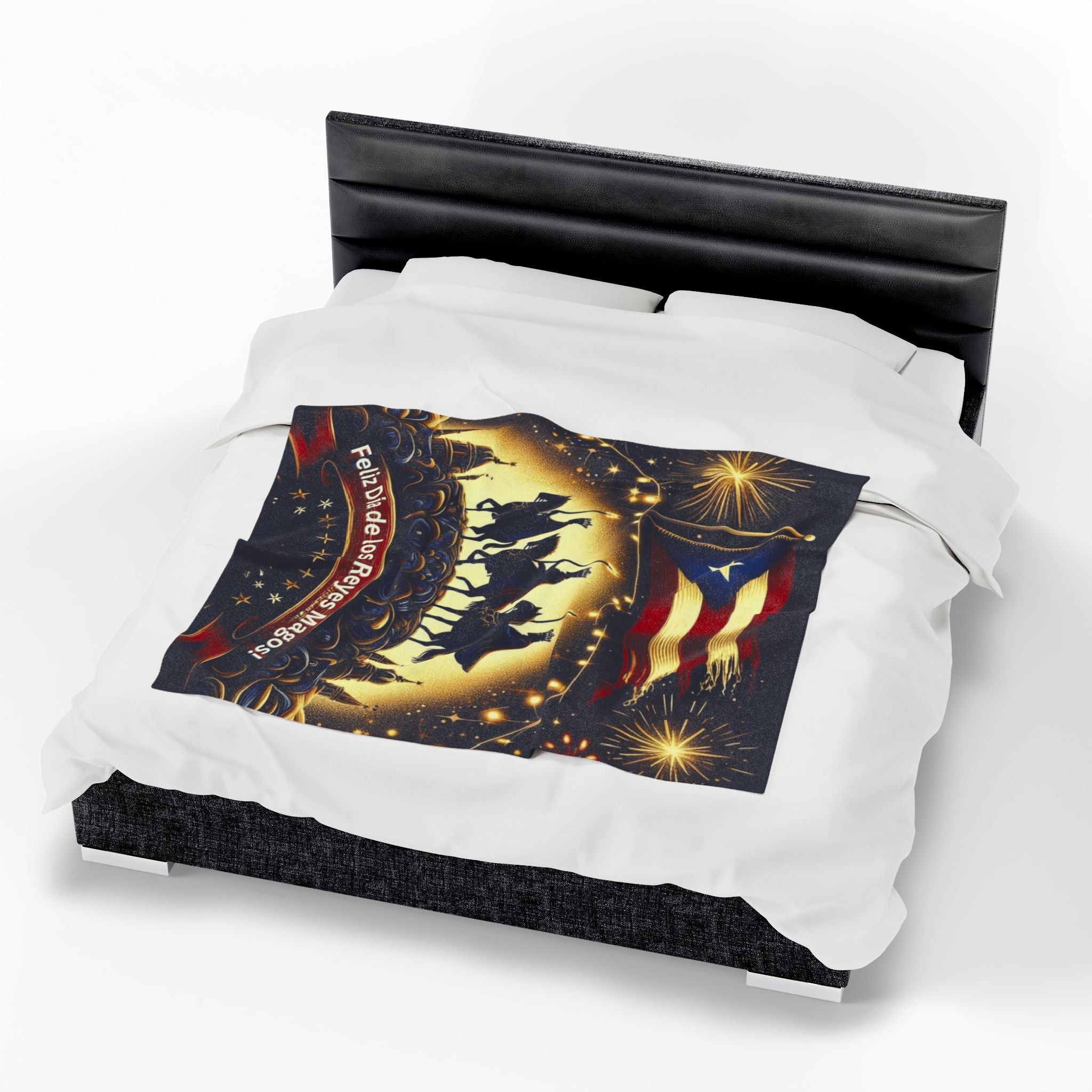 Velveteen Plush Blanket  Feliz Día de los Reyes Magos Puerto Rico Flag Holiday Throw