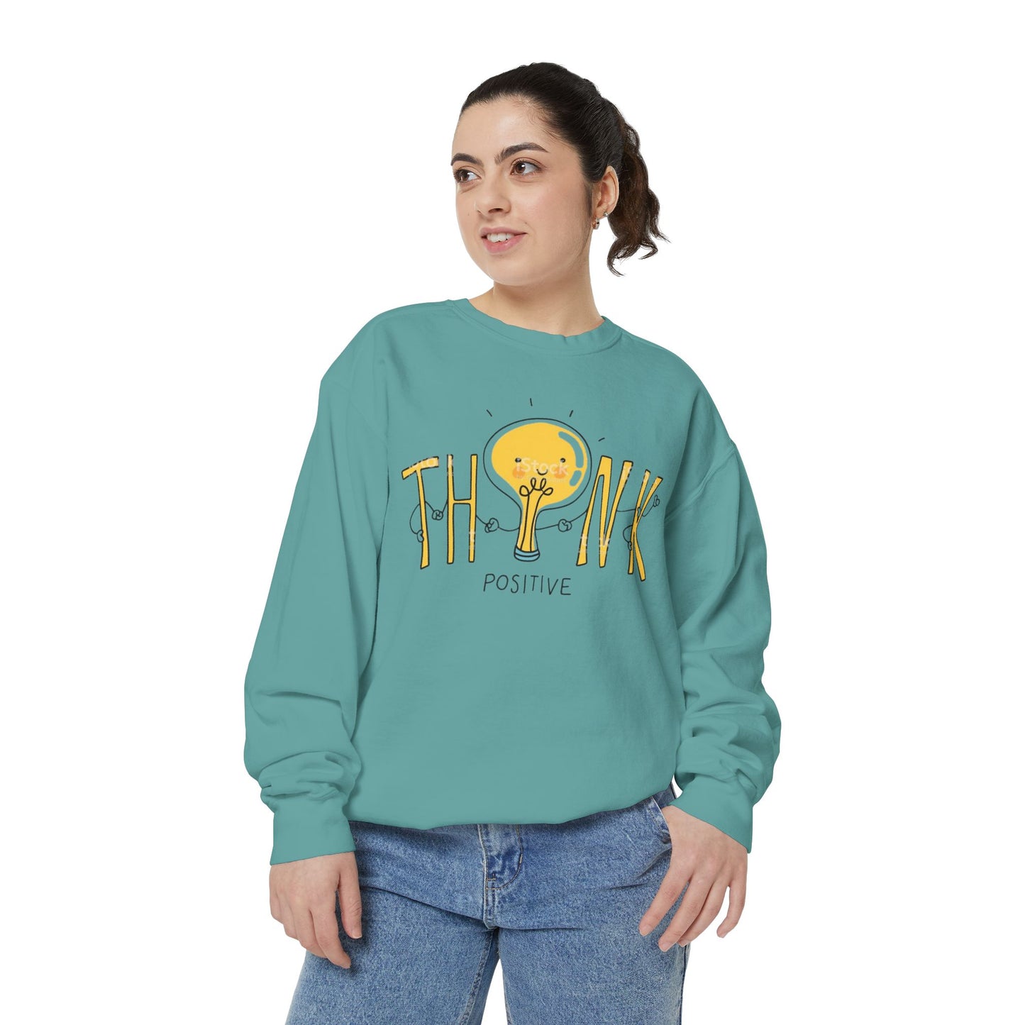 Think Positive Sweatshirt  Cute Lightbulb Graphic Positive Vibes Crewneck