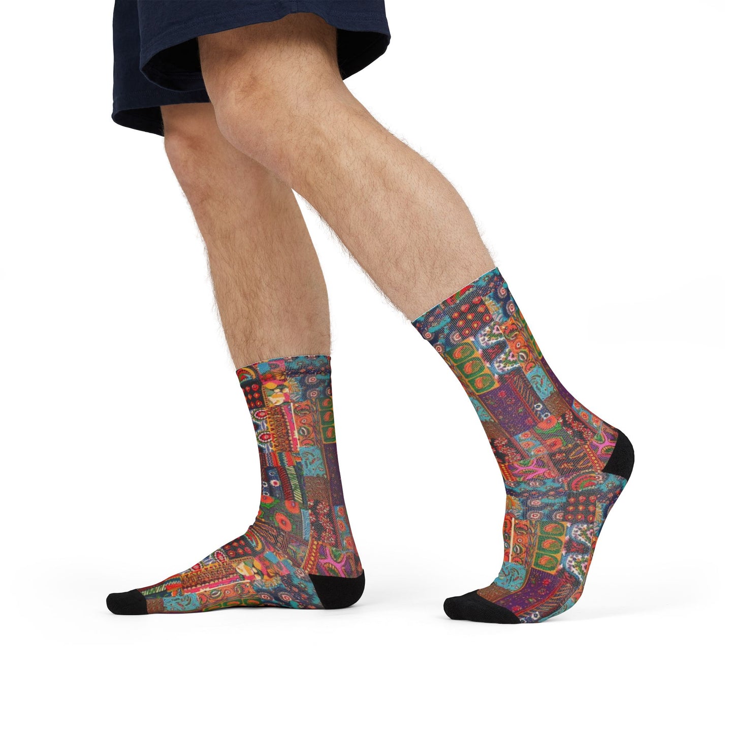 Colorful Patchwork Crew Socks Vibrant Boho Sublimation Design