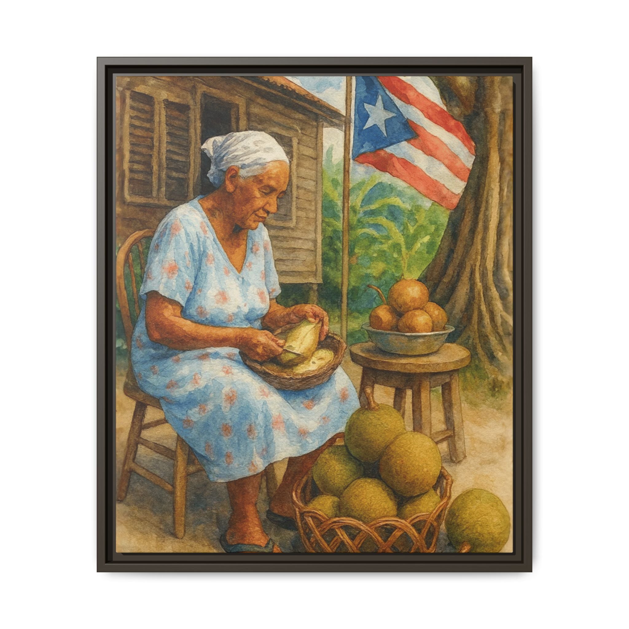 Cultural & Story-Driven These Puerto Rico inspired  Framed Matte Canvas Print  Woman Shelling Fruit Vintage Tropical Painting