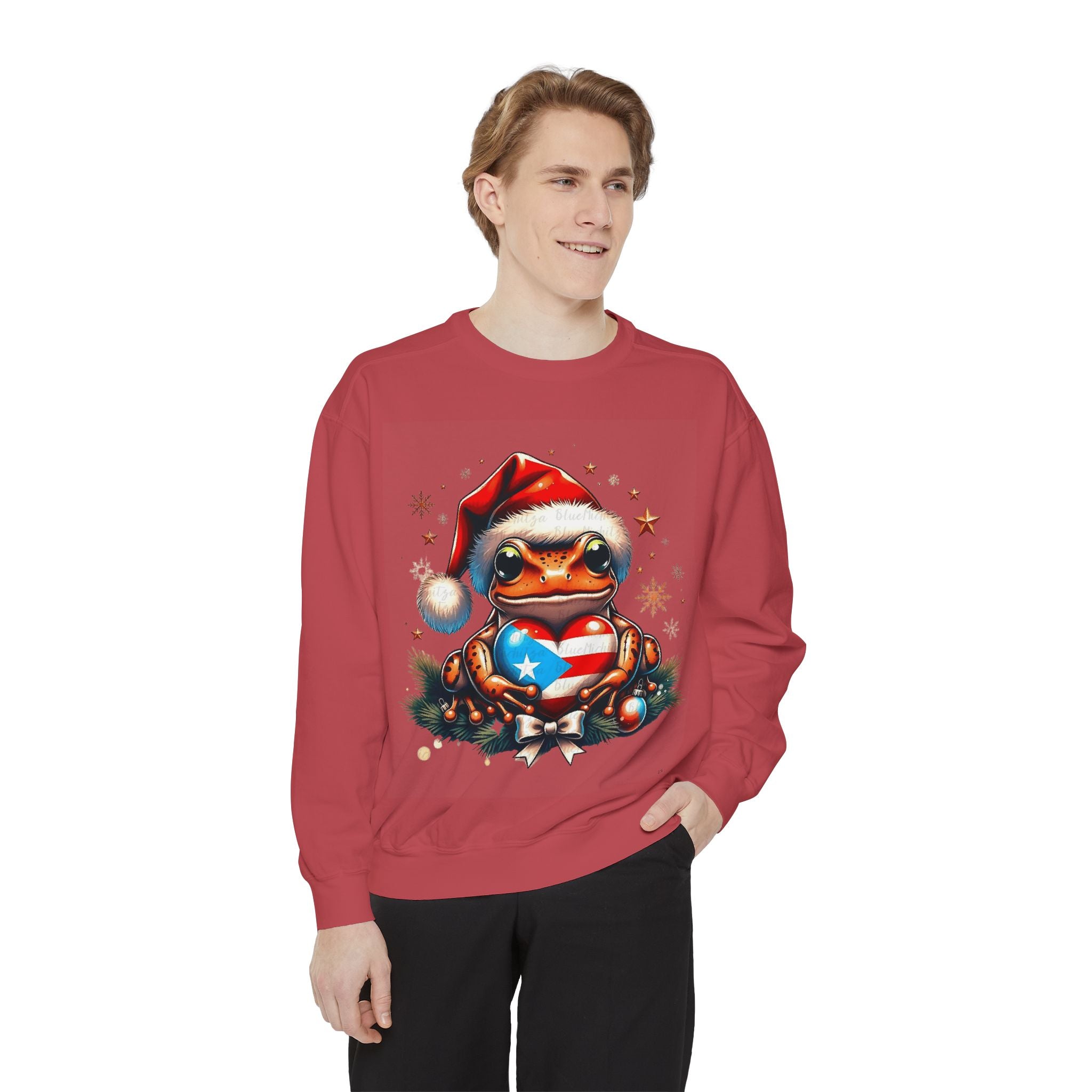Christmas Coqui Sweatshirt — Cute Santa Frog Holding Ornament Holiday Sweater