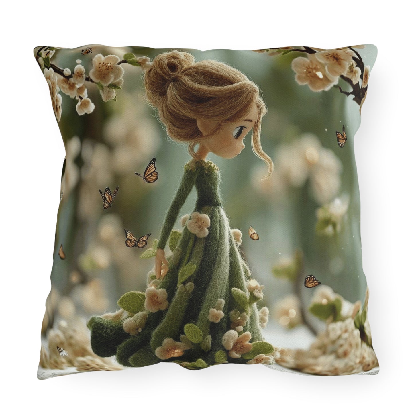 Spring Fairy Outdoor Pillow — Whimsical Girl with Butterflies Garden Decor
