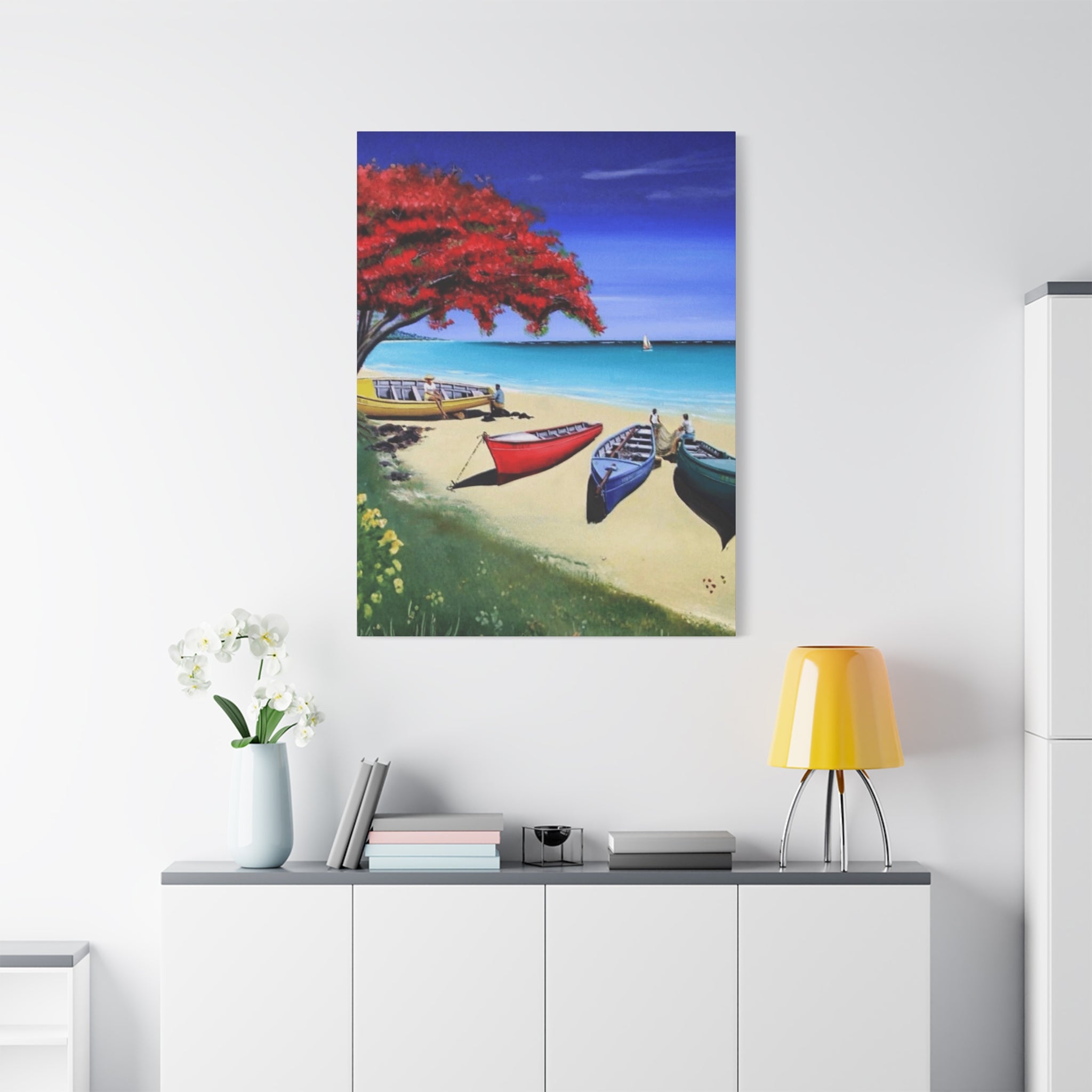 Beach Canoes Canvas Wall Art Tropical Seaside Landscape Matte Stretched Canvas