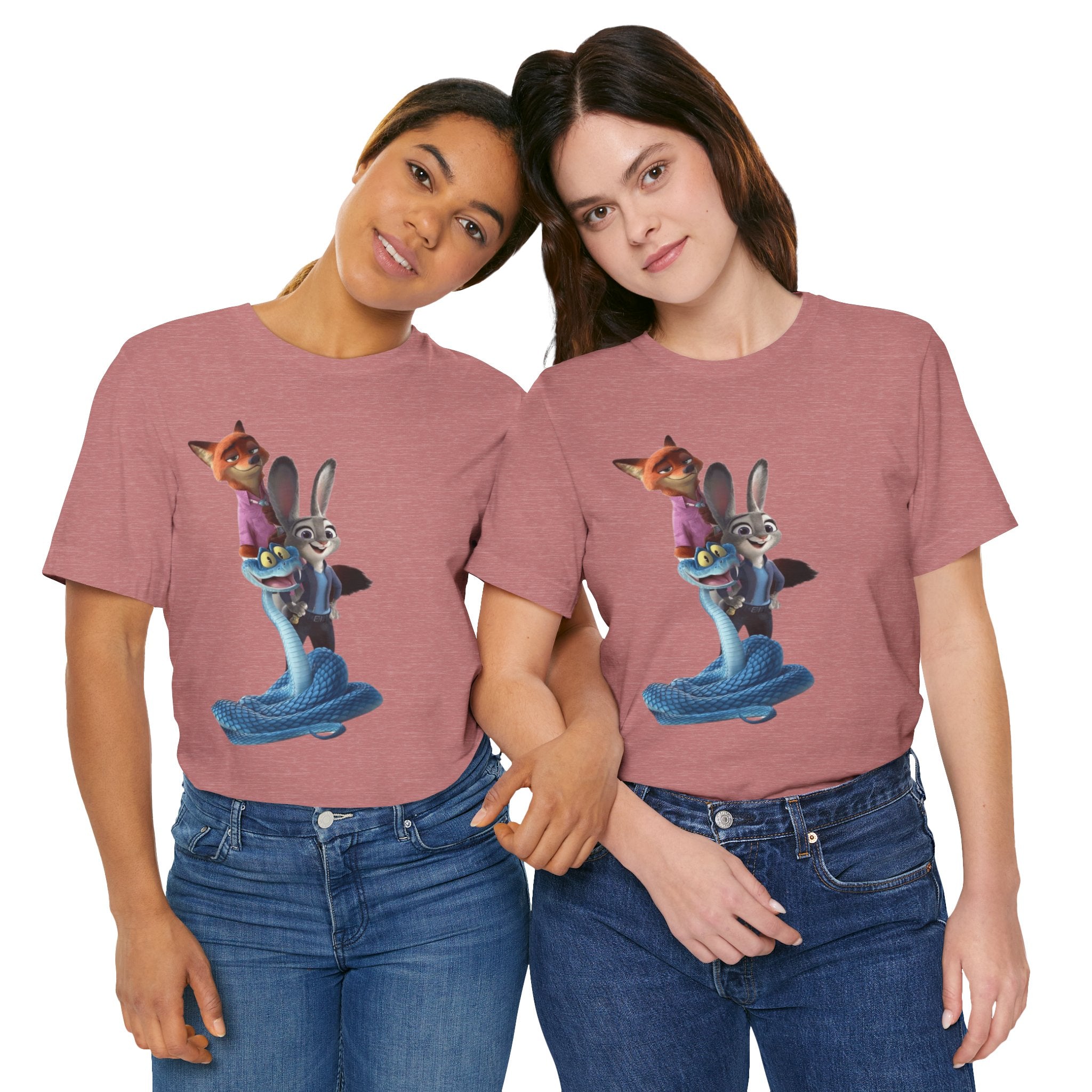 Animated Character Tee — Cute Fox & Bunny Stack Graphic T-Shirt  cartoon-style Christmas artwork
