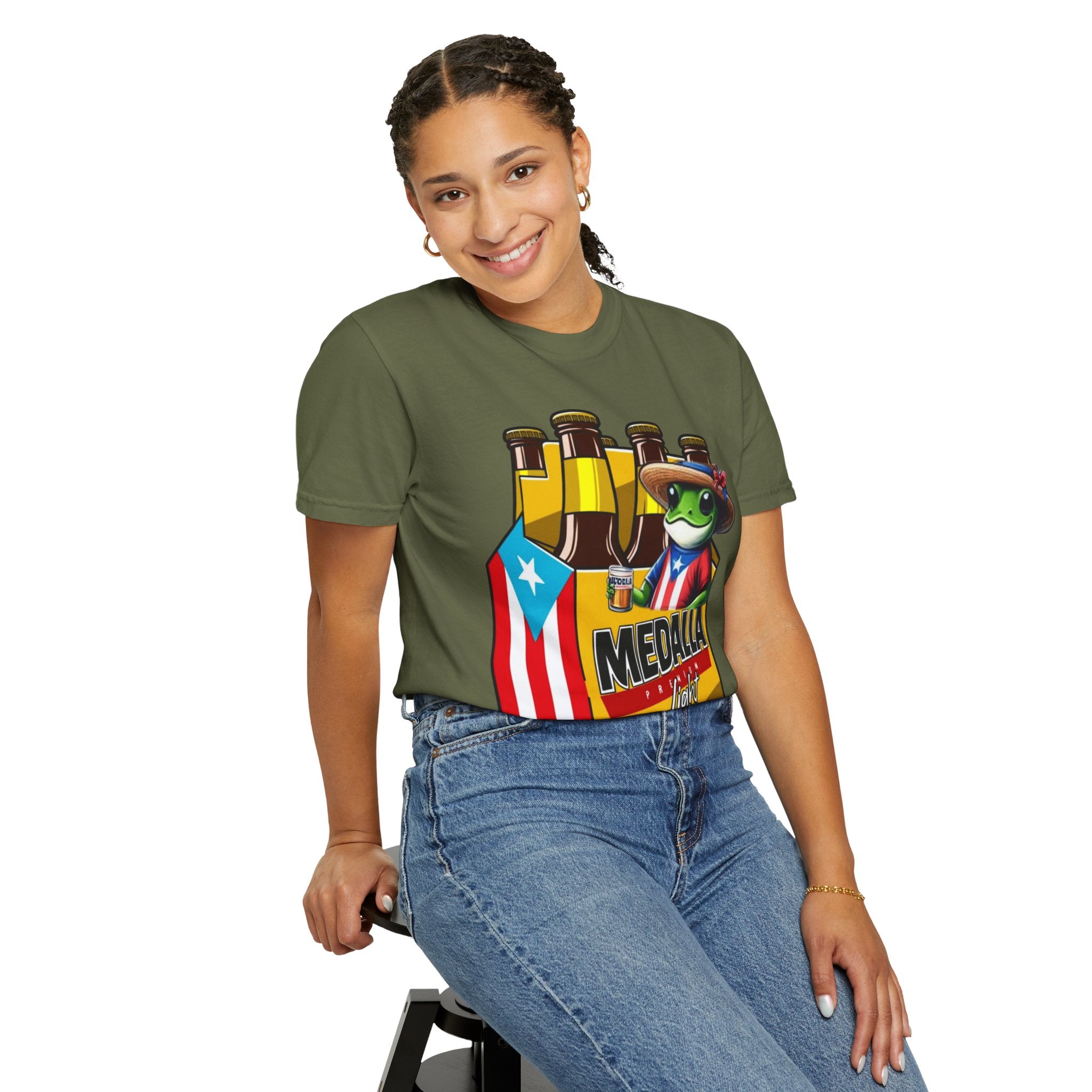 Medalla Light Puerto Rican Beer T-Shirt Coqui Frog Mascot Six-Pack Graphic Tee Puerto Rico’s Navidades
