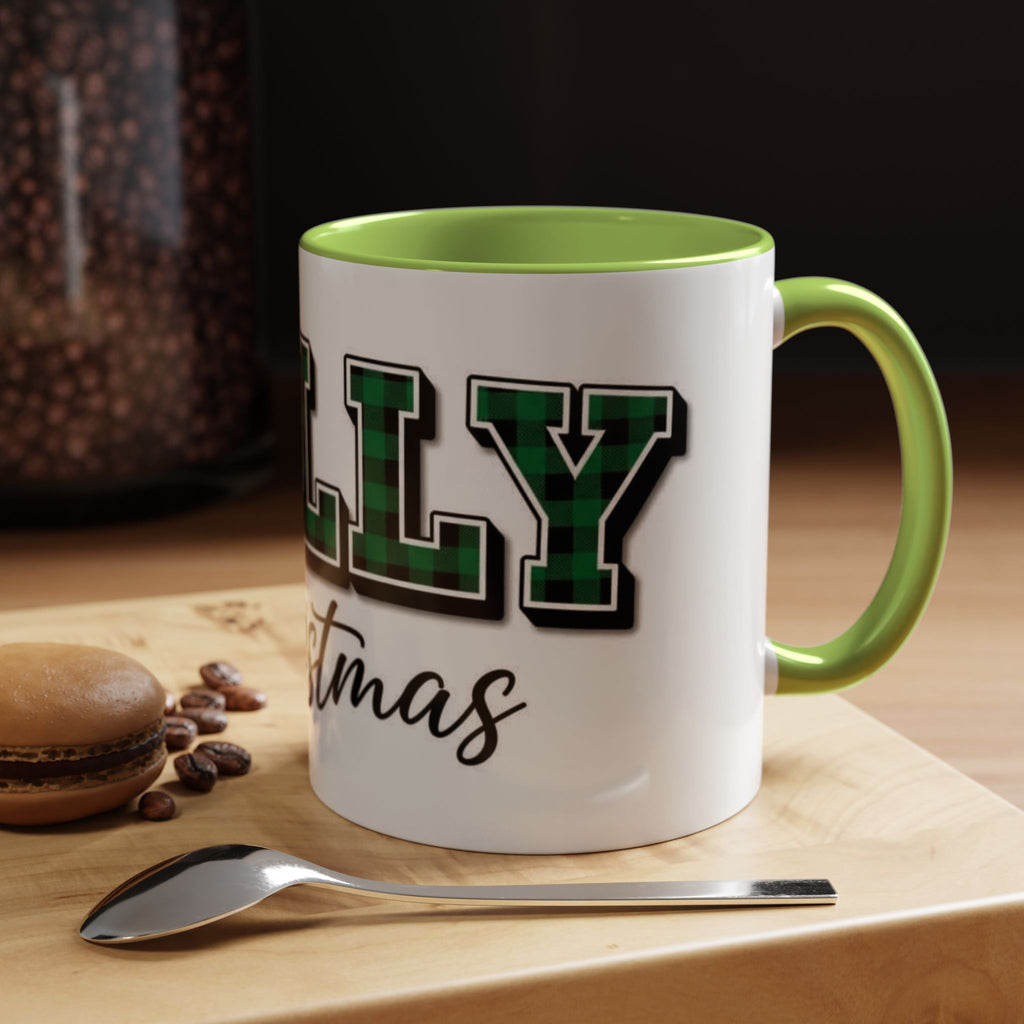 Holly Christmas Accent Coffee Mug — Green Plaid Holiday Gift (11/15oz)