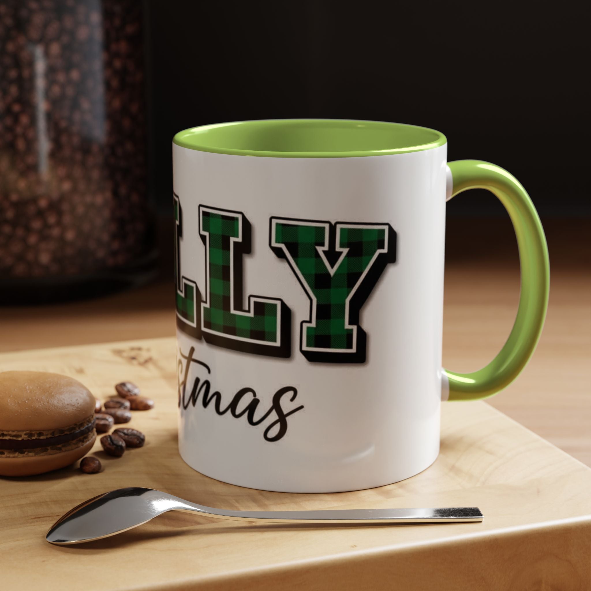 Holly Christmas Accent Coffee Mug — Green Plaid Holiday Gift (11/15oz)