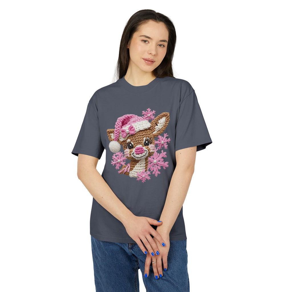 Cute Reindeer Tee — Pink Santa Hat & Snowflakes Holiday T-Shirt  cartoon-style Christmas artwork