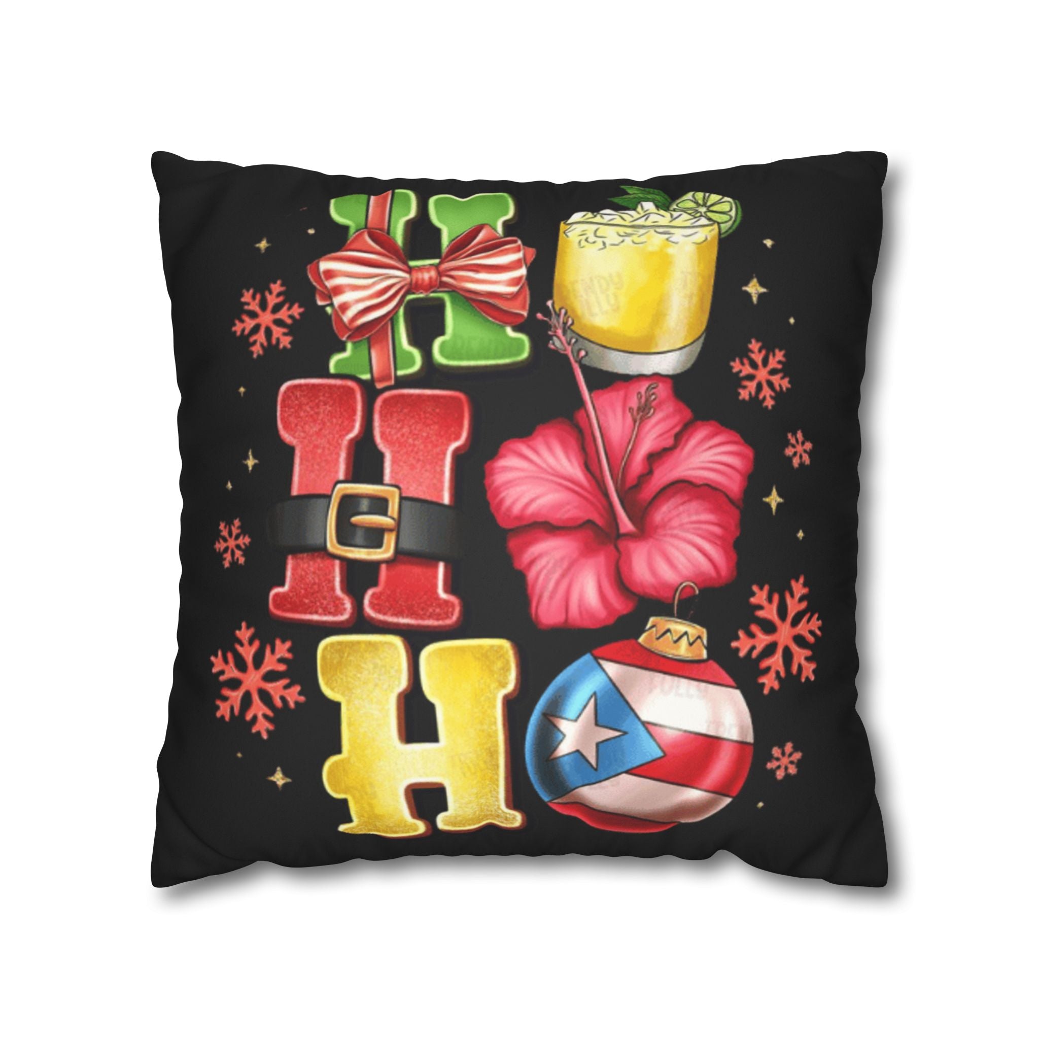 Holiday HOHO Pillow Cover  Puerto Rico Ornament, Hibiscus & Coquito Christmas Throw Pillowcase