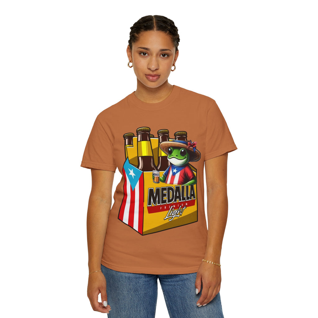 Medalla Light Puerto Rican Beer T-Shirt Coqui Frog Mascot Six-Pack Graphic Tee Puerto Rico’s Navidades