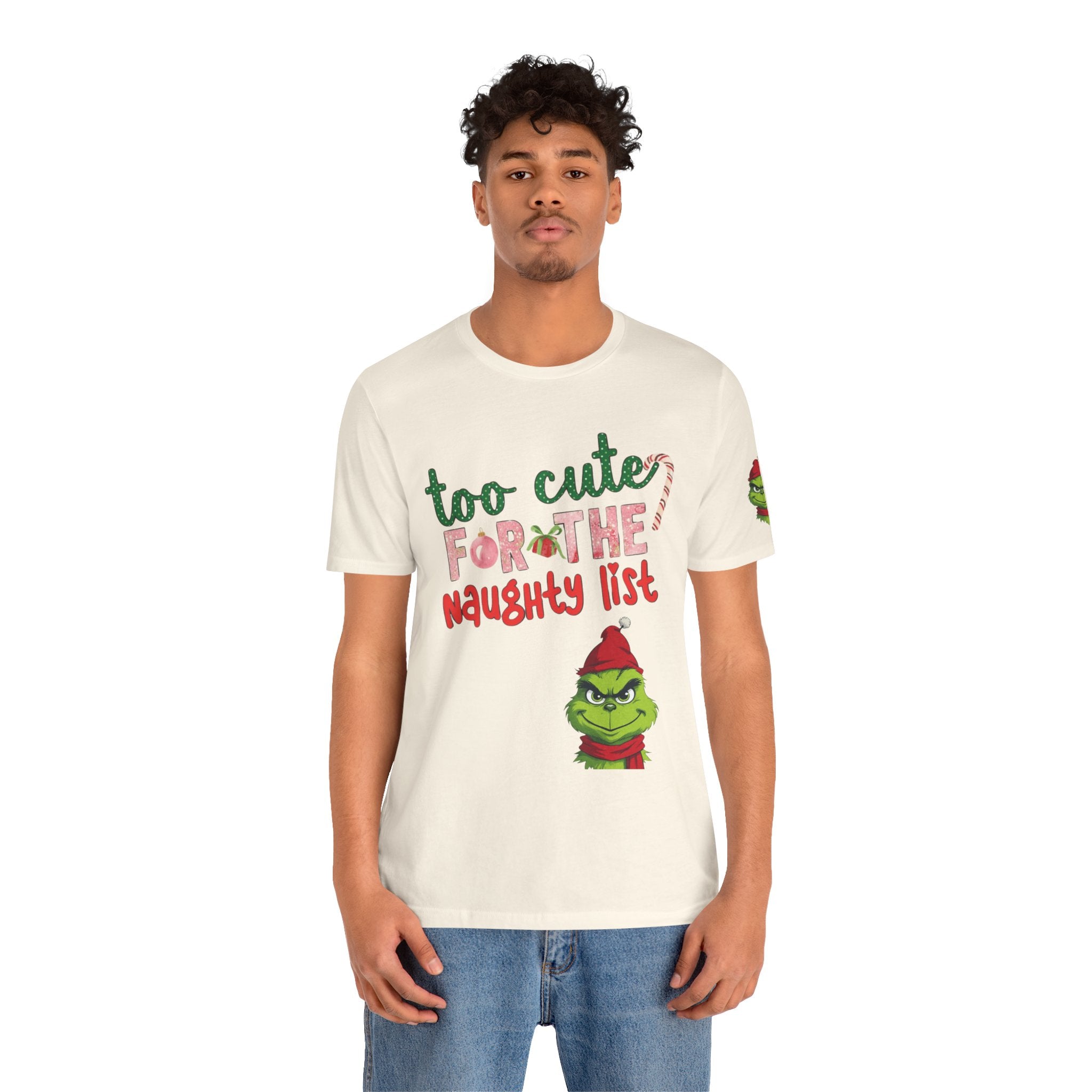 Christmas T-Shirts and Sweatshirts Collection Cute Grinch Holiday Tee 'Too Cute for the Naughty List' Unisex Jersey T-Shirt