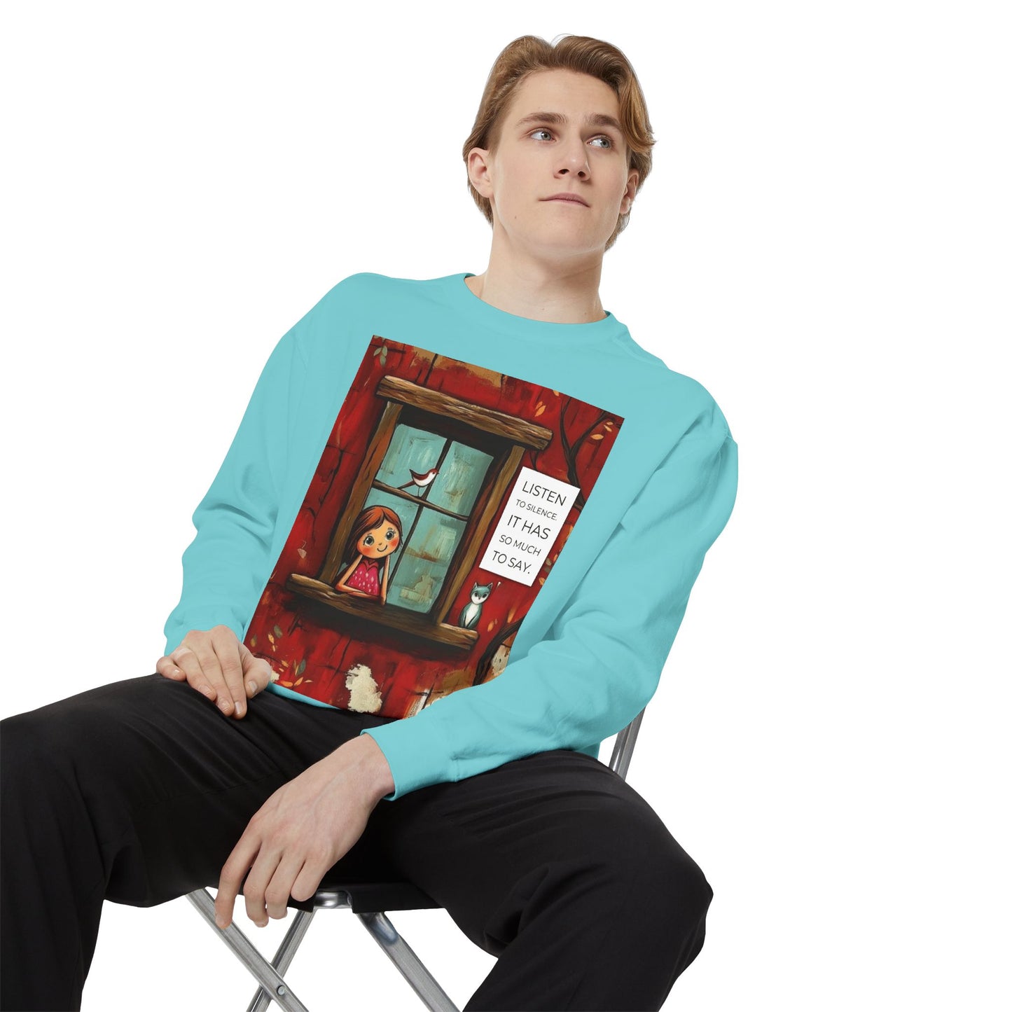 Cozy Window Scene Sweatshirt  "Listen, It Has So Much to Say" Graphic