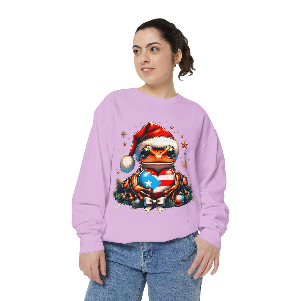 Christmas Coqui Sweatshirt — Cute Santa Frog Holding Ornament Holiday Sweater