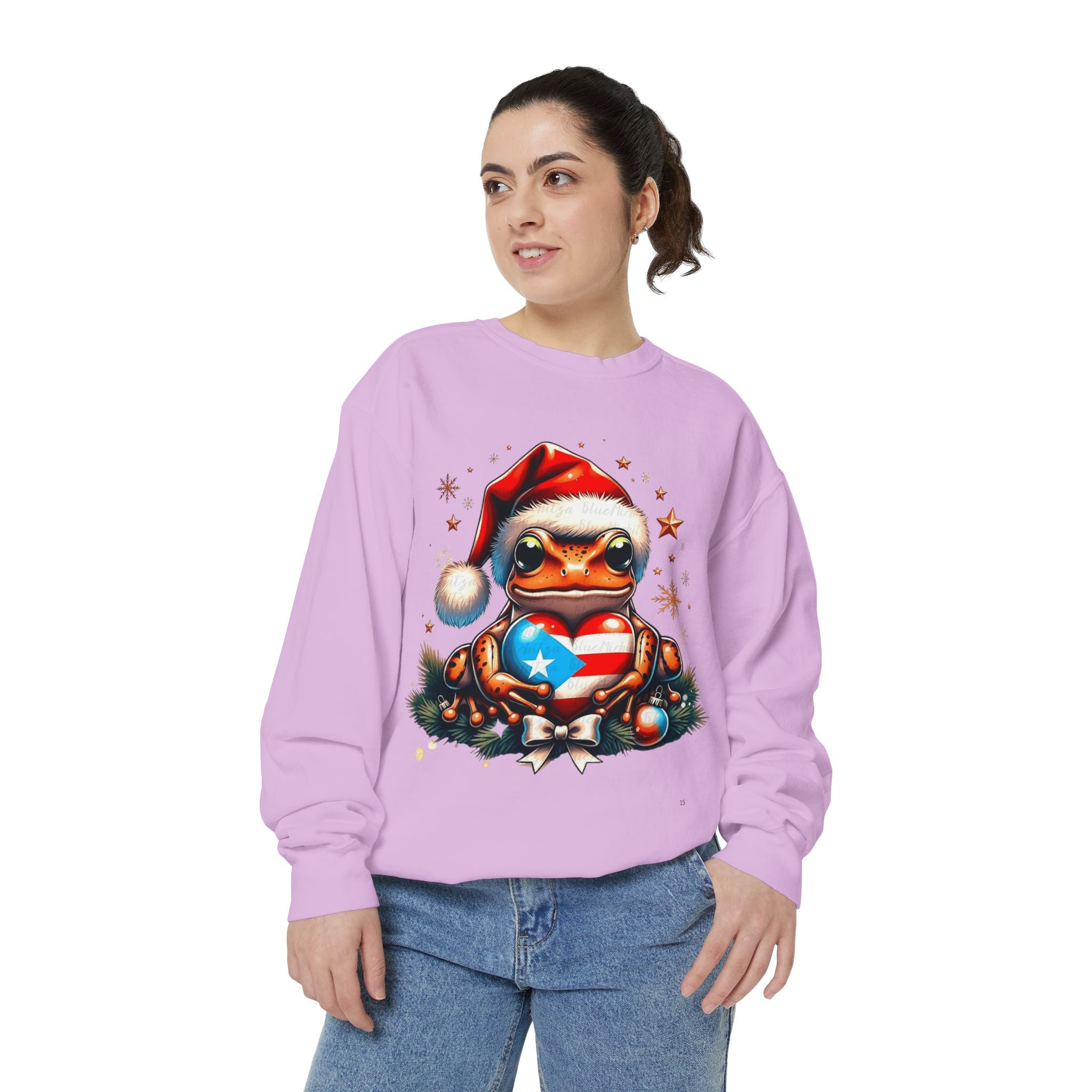 Christmas Coqui Sweatshirt — Cute Santa Frog Holding Ornament Holiday Sweater
