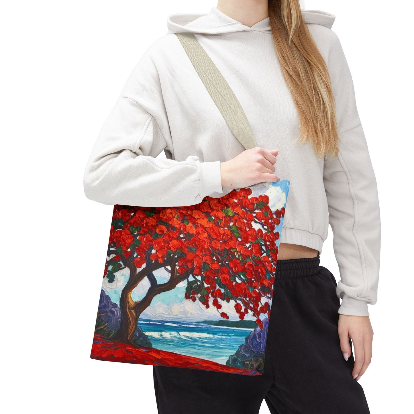 Red Blossom Beach Tote - Tropical Tree Art All-Over Print Tote Bag Crochet-Decorated Tote Bags