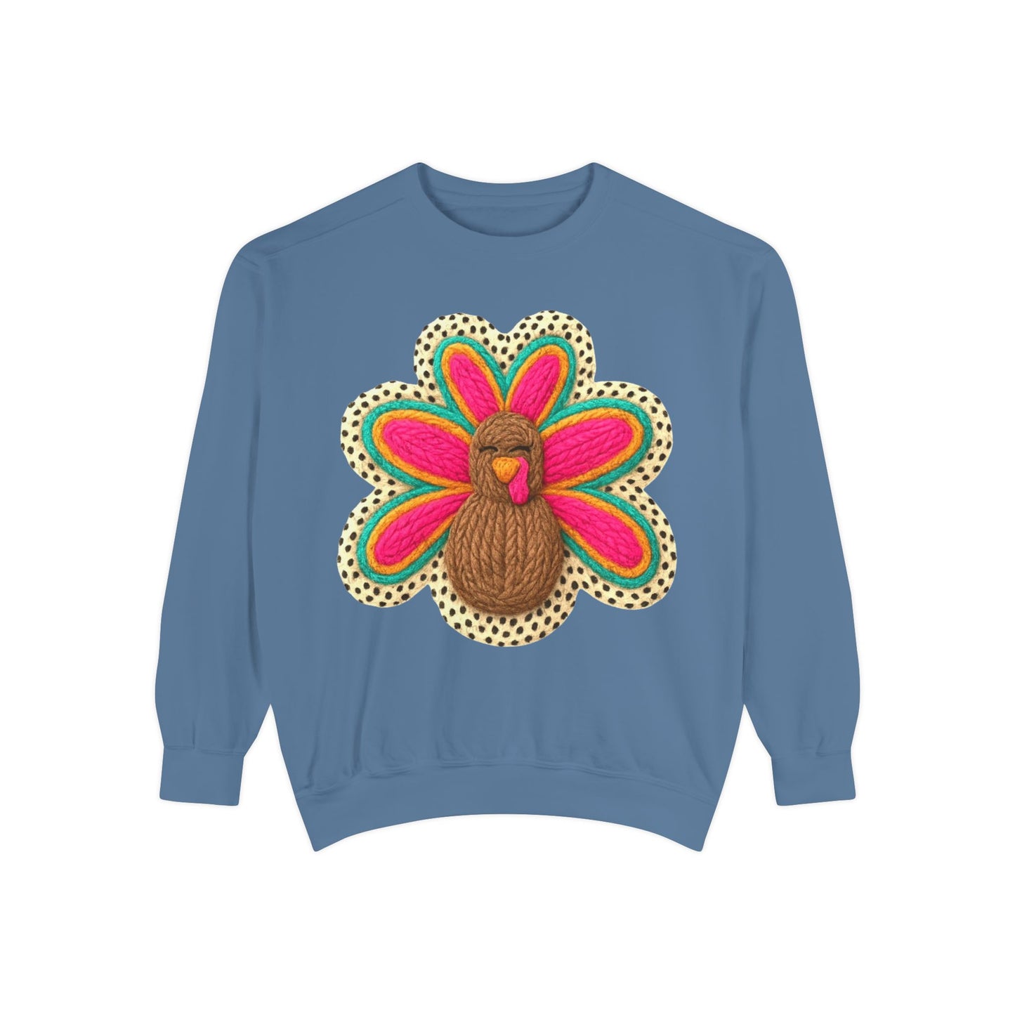 Festive Holiday Designs Turkey Patch Sweatshirt — Colorful Embroidered Thanksgiving Pullover
