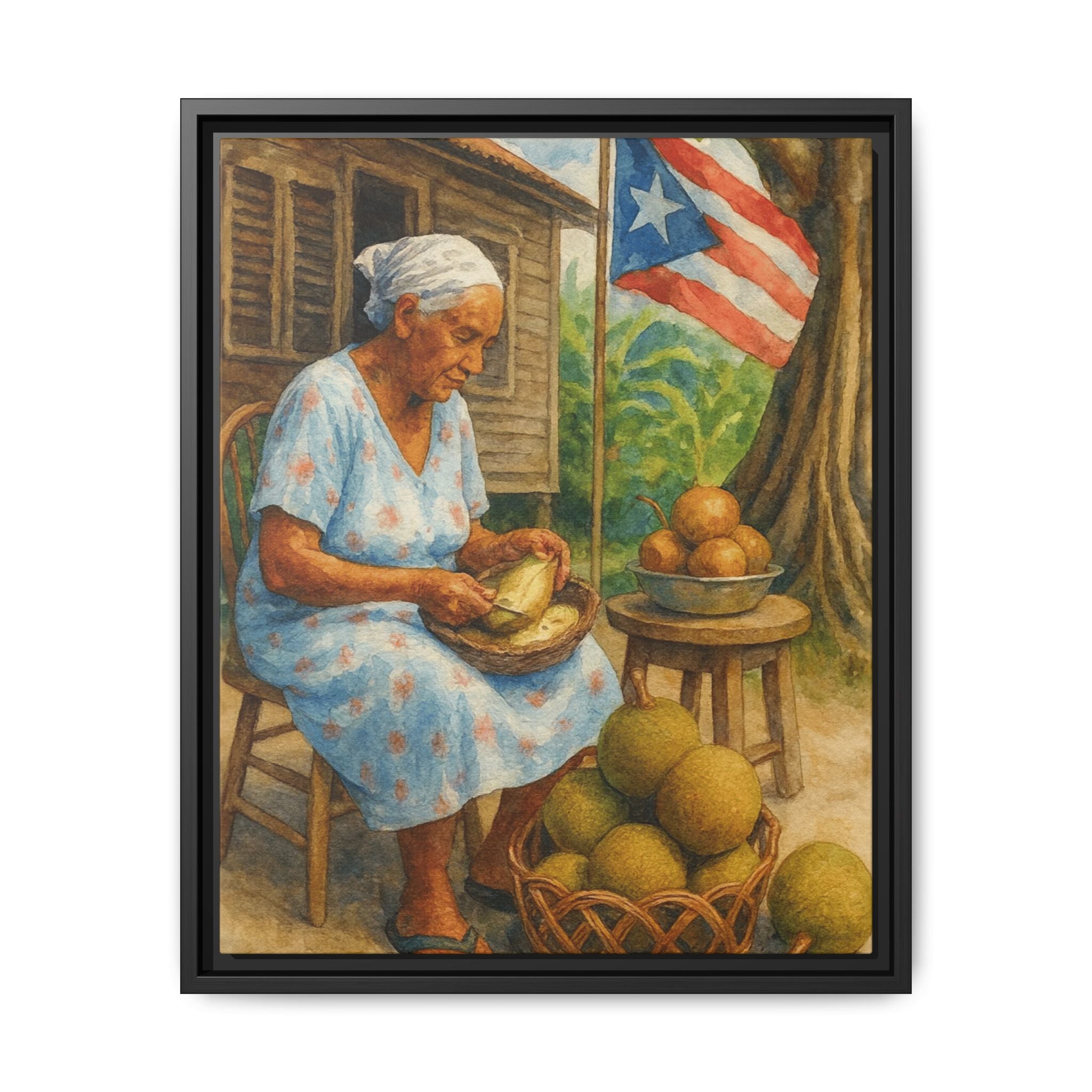Cultural & Story-Driven These Puerto Rico inspired  Framed Matte Canvas Print  Woman Shelling Fruit Vintage Tropical Painting