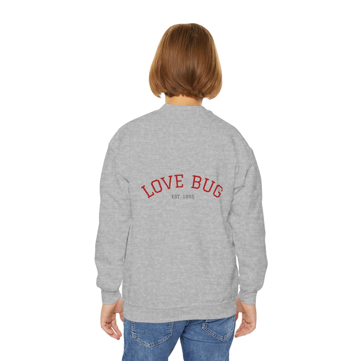 Youth Sweatshirt  Cute Girl with Heart Shower "Love Bug" Crewneck