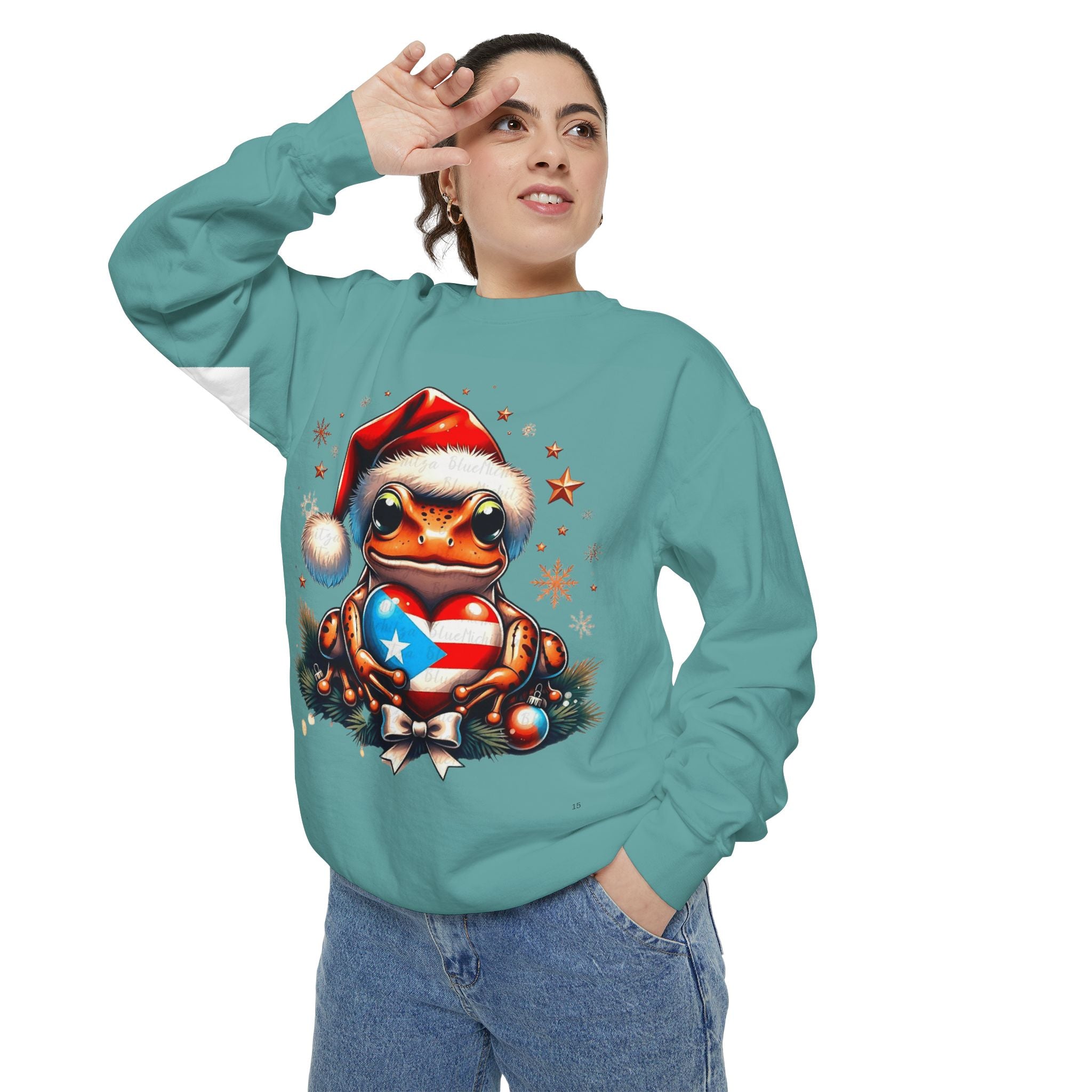Christmas Coqui Sweatshirt — Cute Santa Frog Holding Ornament Holiday Sweater