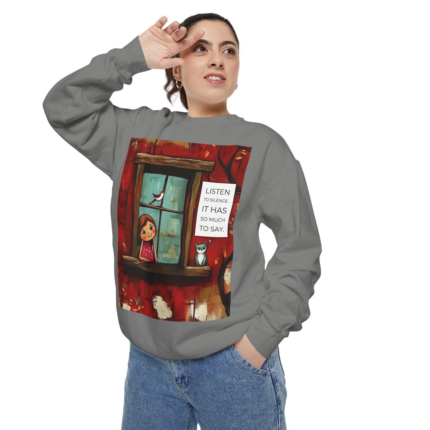 Cozy Window Scene Sweatshirt  "Listen, It Has So Much to Say" Graphic