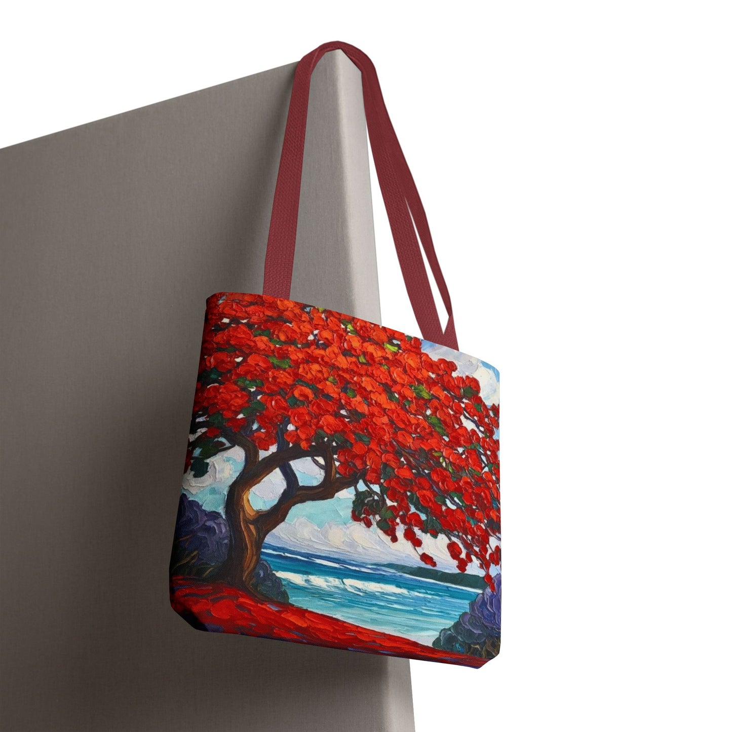 Red Blossom Beach Tote - Tropical Tree Art All-Over Print Tote Bag Crochet-Decorated Tote Bags