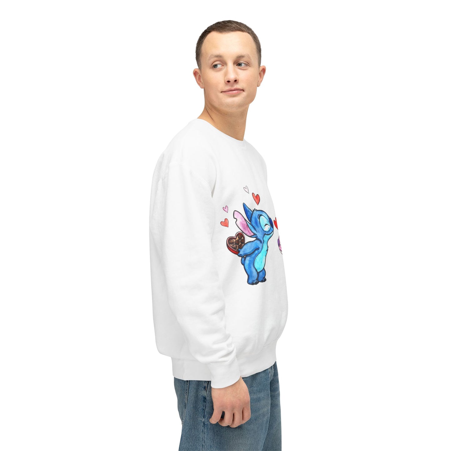 Cute Stitch Valentine Sweatshirt — Blue & Pink Love Characters with Hearts