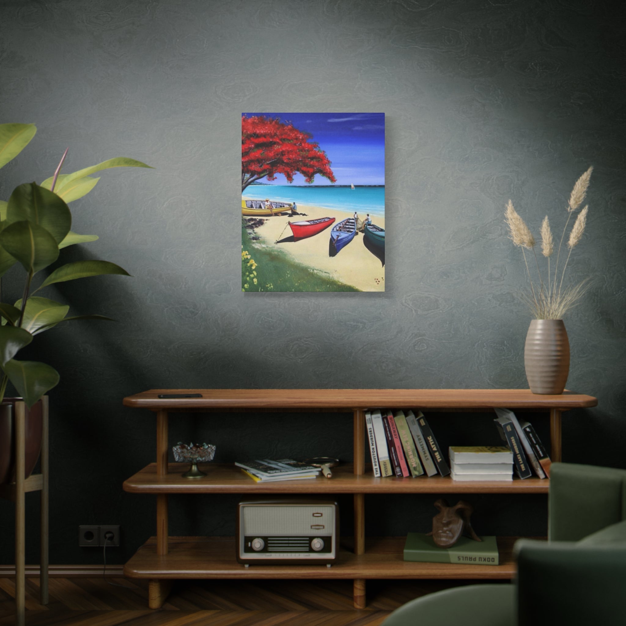 Beach Canoes Canvas Wall Art Tropical Seaside Landscape Matte Stretched Canvas