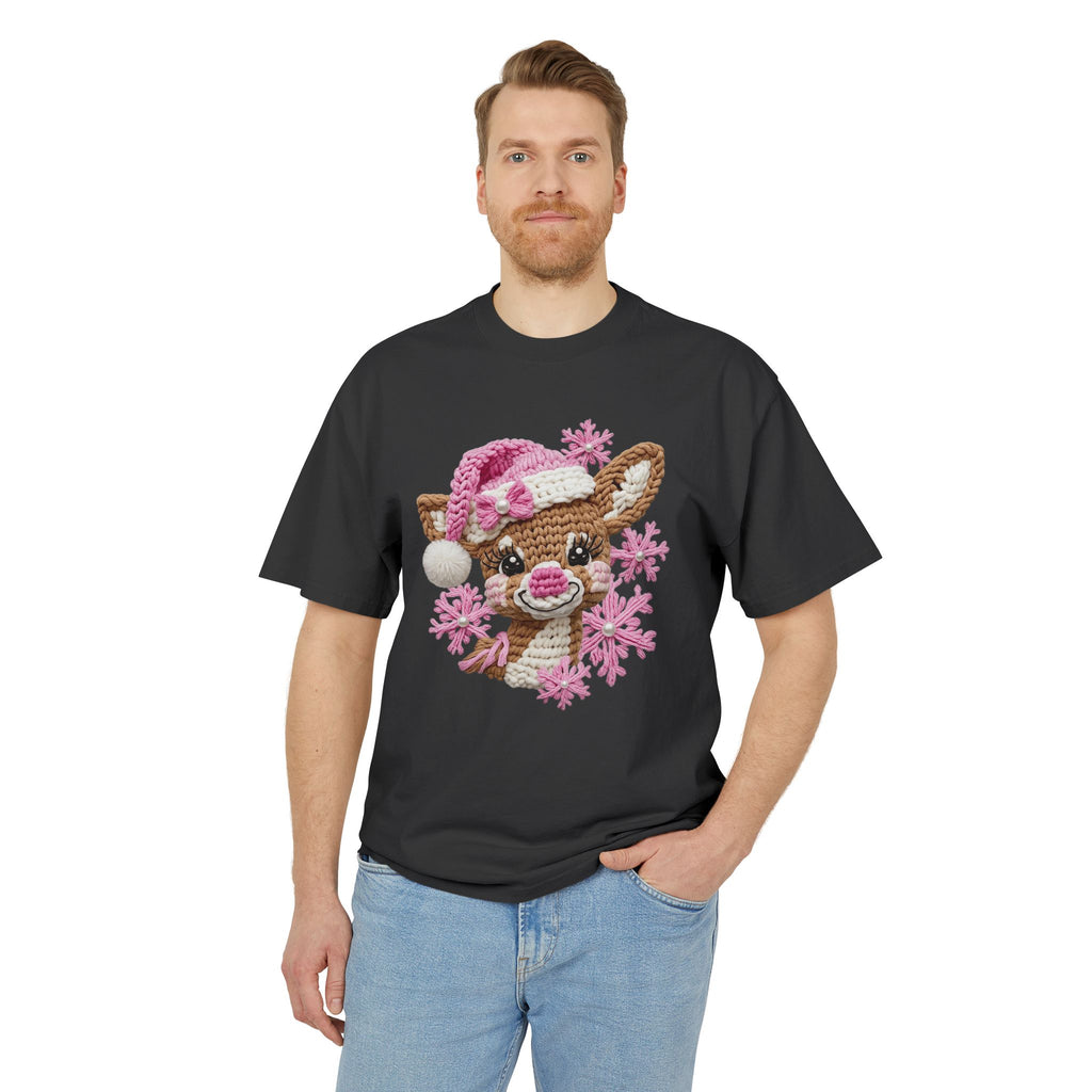 Cute Reindeer Tee — Pink Santa Hat & Snowflakes Holiday T-Shirt  cartoon-style Christmas artwork