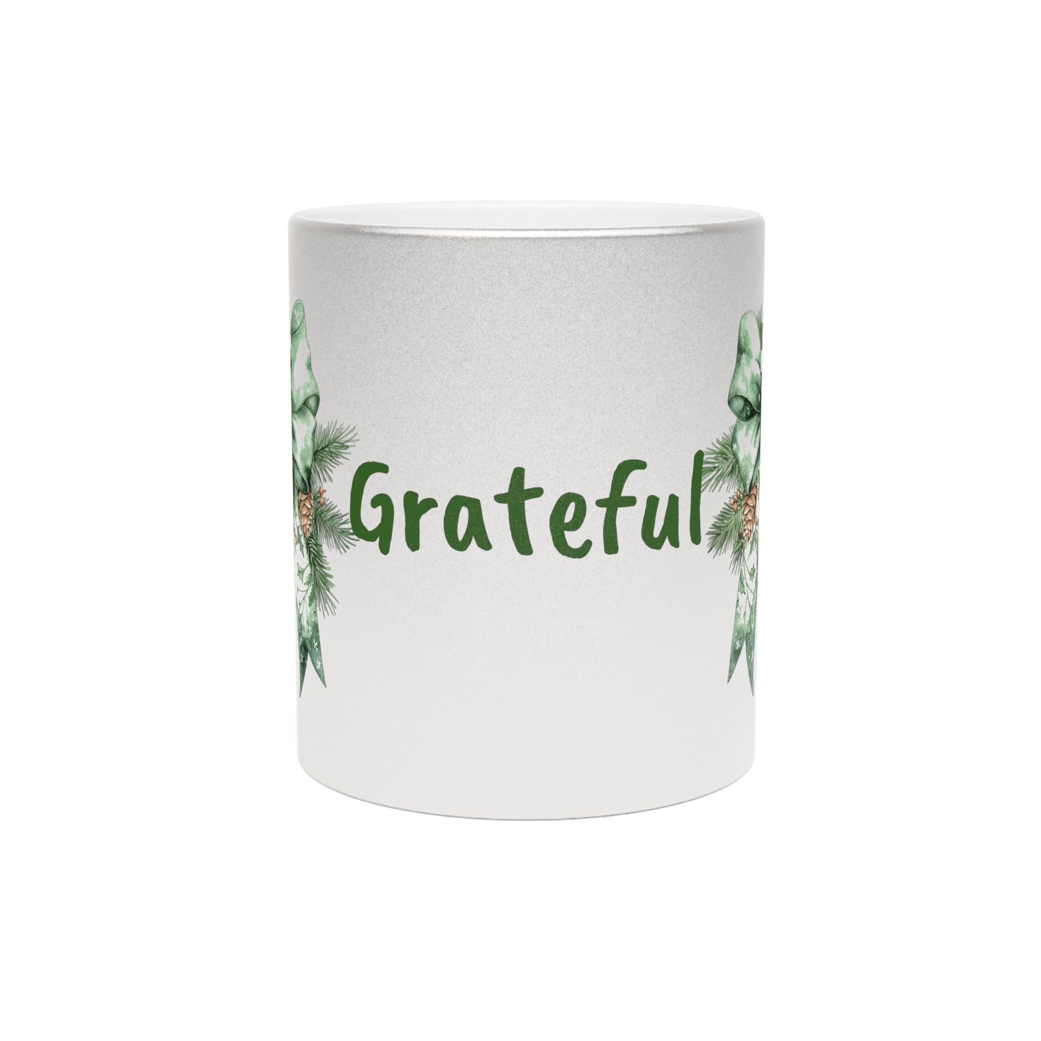 Grateful Holiday Metallic Mug - Silver/Gold with Festive Bow Design