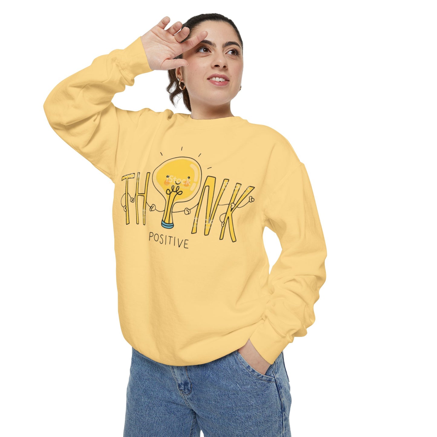 Think Positive Sweatshirt  Cute Lightbulb Graphic Positive Vibes Crewneck