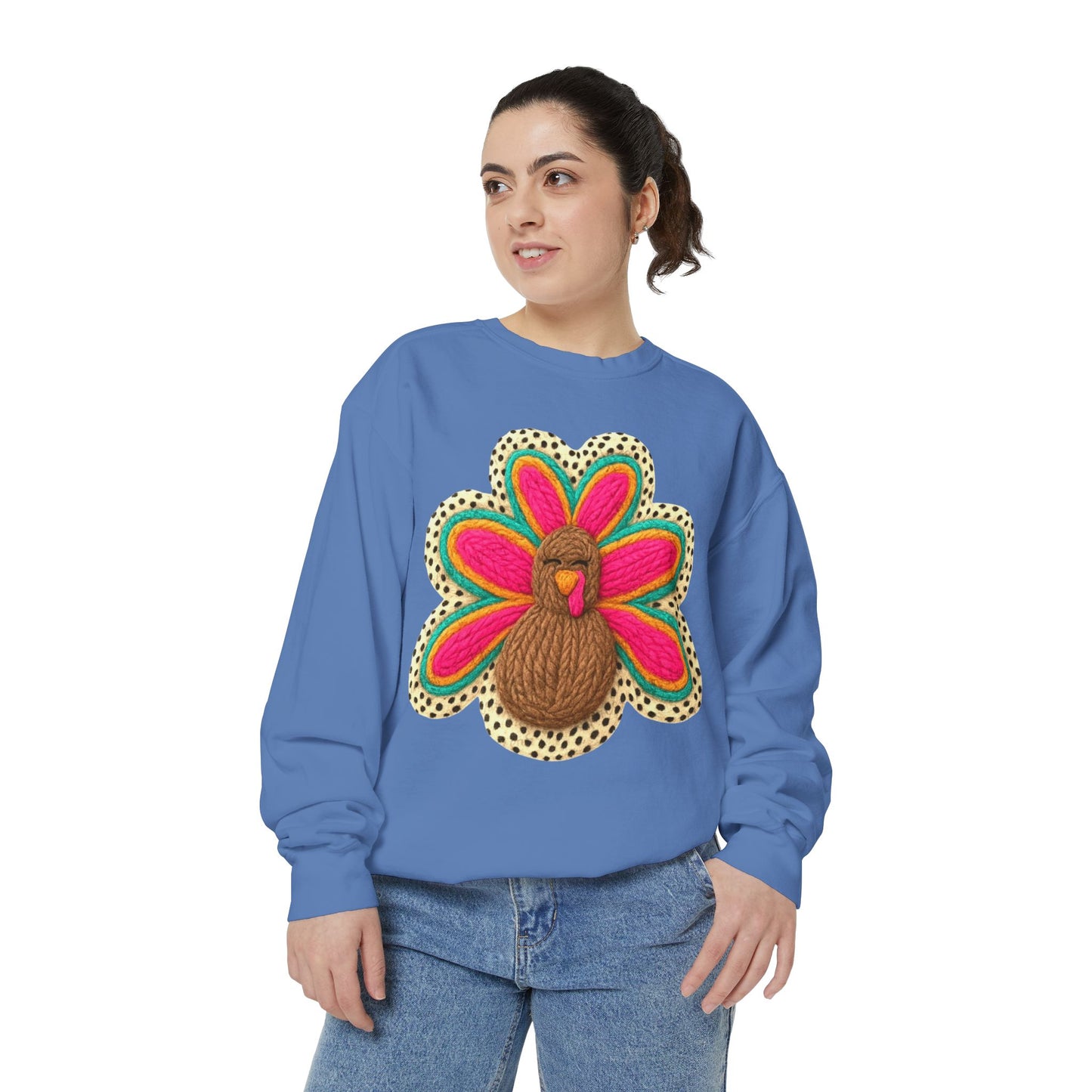 Festive Holiday Designs Turkey Patch Sweatshirt — Colorful Embroidered Thanksgiving Pullover