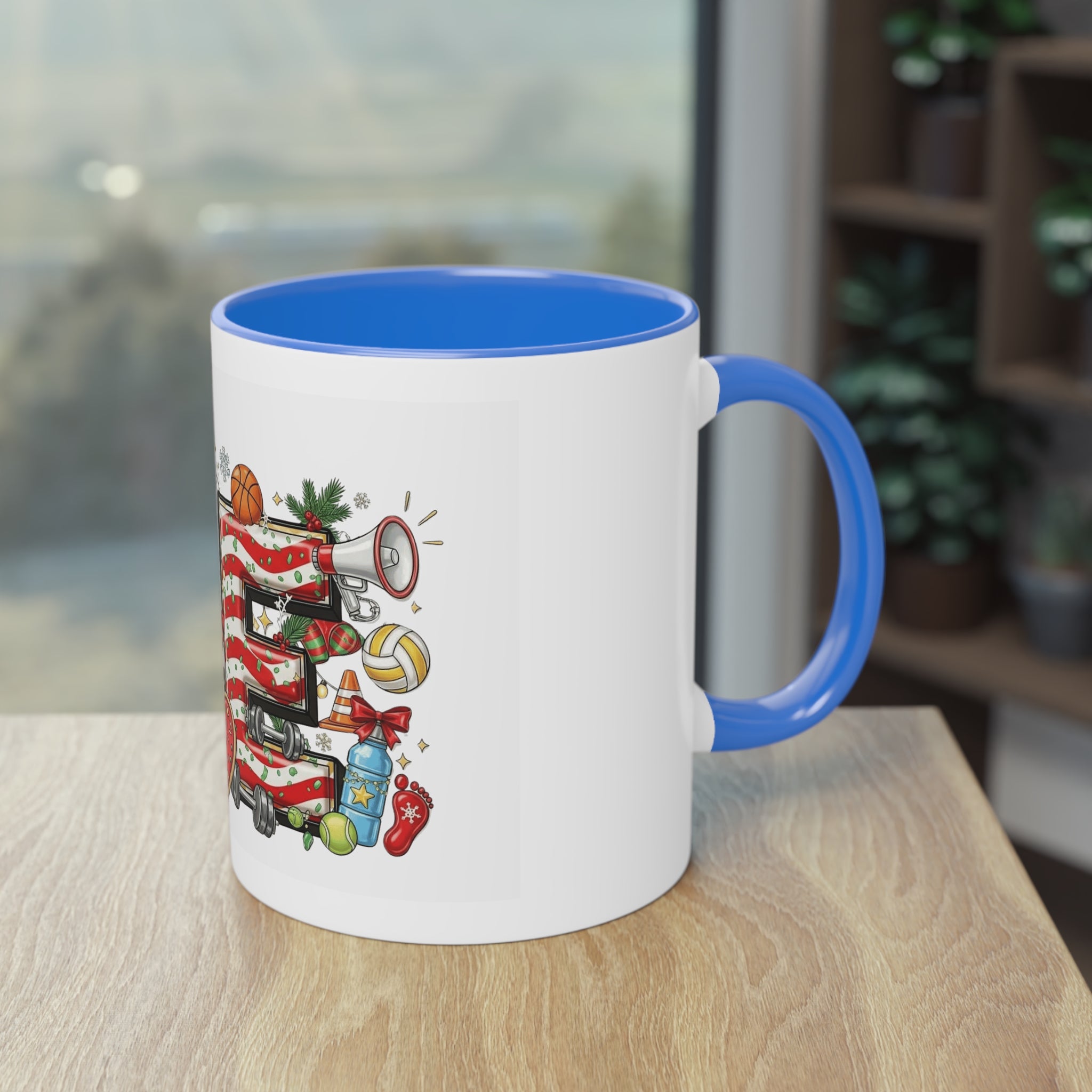 Holiday Sports Mom Coffee Mug Festive 'PE' Candy-Stripe Design, 11oz Two-Tone School Staff Christmas Mug Collection,