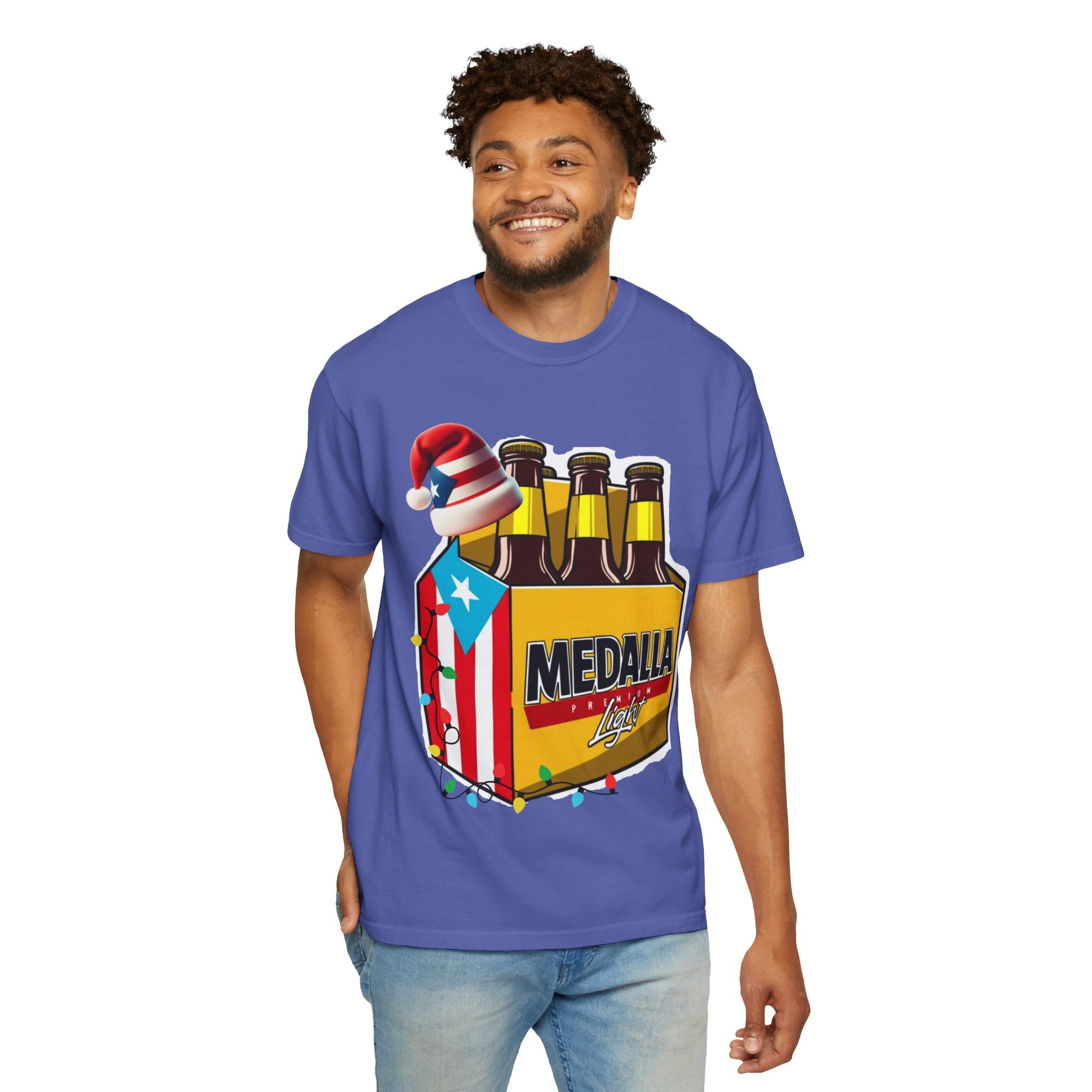 Medalla Light Beer T-Shirt  Navidad Boricua Holiday Tee Puerto Rico’s Navidades