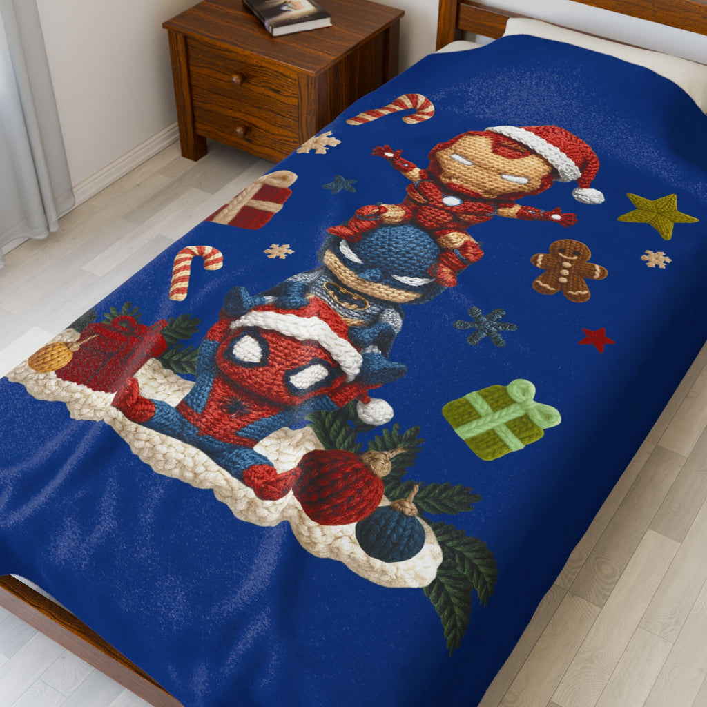 Plush Holiday Marvel Blanket — Cute Iron Man, Captain America & Spider-Man Stack with Christmas Gifts
