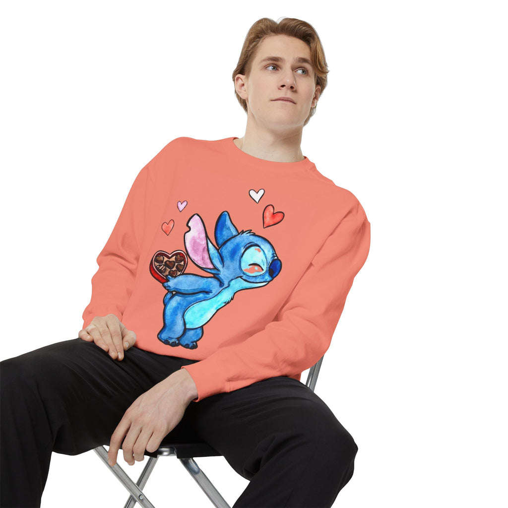 Stitch Valentine Sweatshirt — Cute Blue Alien with Hearts & Chocolate Pocket