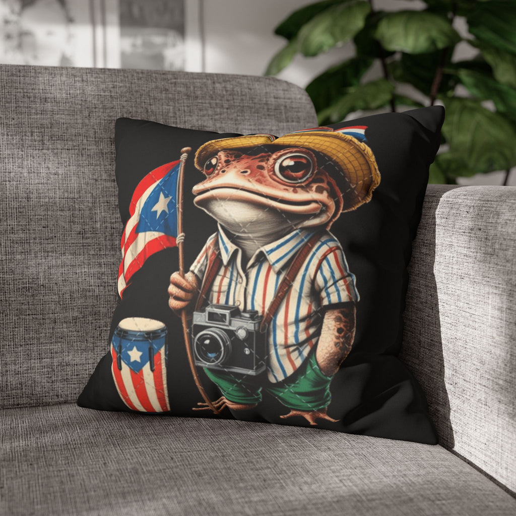 Puerto Rican Flag Frog Faux Suede Pillowcase  Tourist Toad Camera Design Puerto Rico Culture Pillow