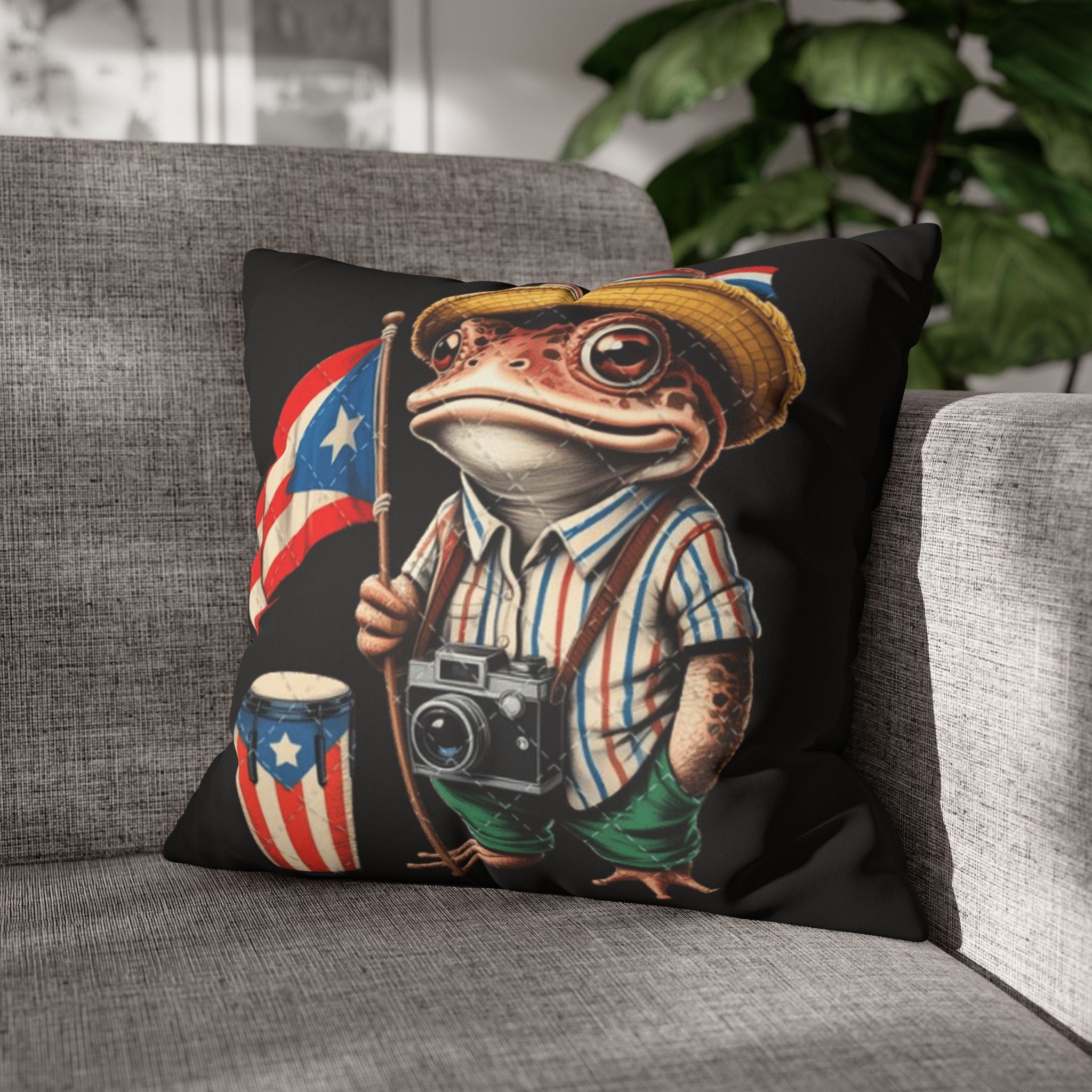 Puerto Rican Flag Frog Faux Suede Pillowcase  Tourist Toad Camera Design Puerto Rico Culture Pillow