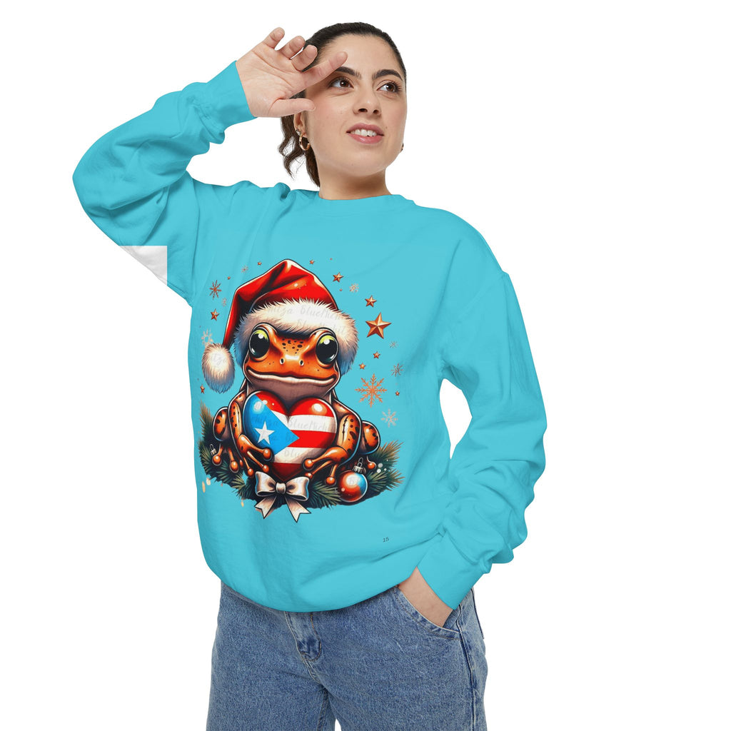 Christmas Coqui Sweatshirt — Cute Santa Frog Holding Ornament Holiday Sweater