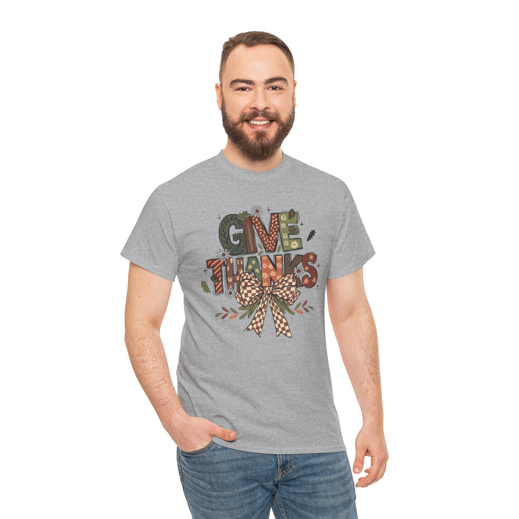 Give Thanks Tee Thanksgiving Graphic T-Shirt with Rustic Bow Design