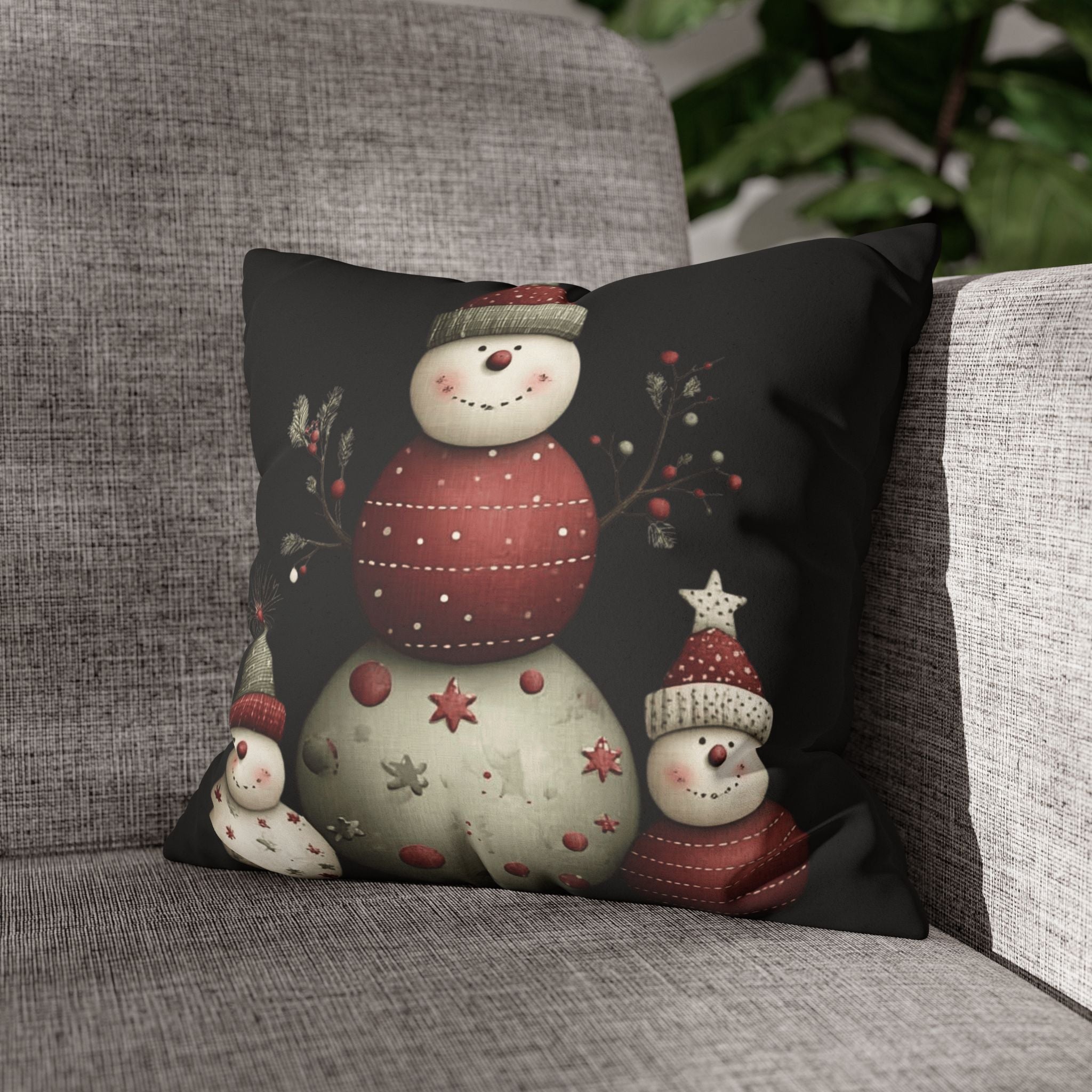 Christmas Snowman Faux Suede Pillowcase – Cute Stacked Snowmen Holiday Decor CHRISTMAS PILLOW DÉCOR