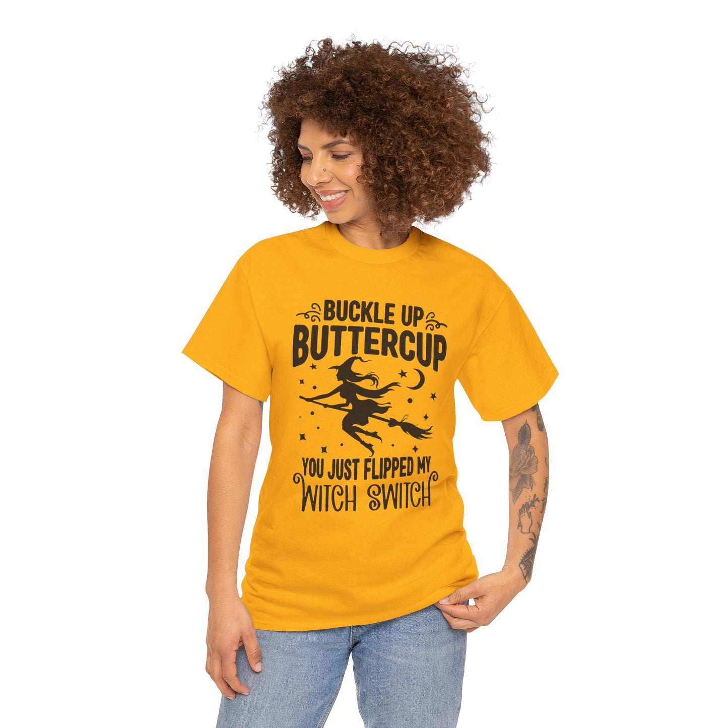 Witchy Humor Tee - Buckle Up Buttercup, Unisex Heavy Cotton Tee, Halloween Shirt, Casual Wear, Gift for Her, Funny T-Shirt