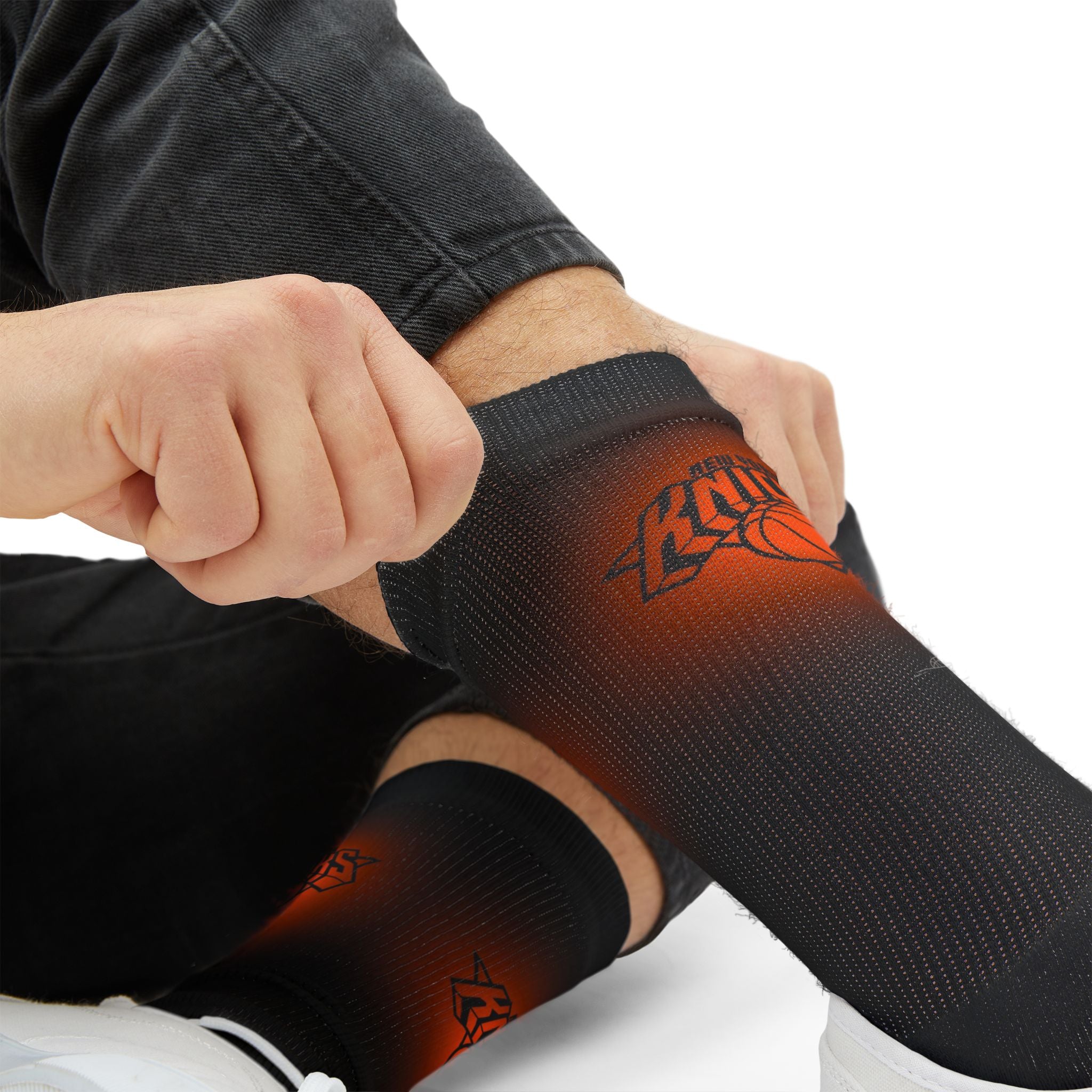 Basketball-Inspired Pattern Crew Socks — Retro Sports Sublimation Socks — Orange Gradient Crew Socks for Fans