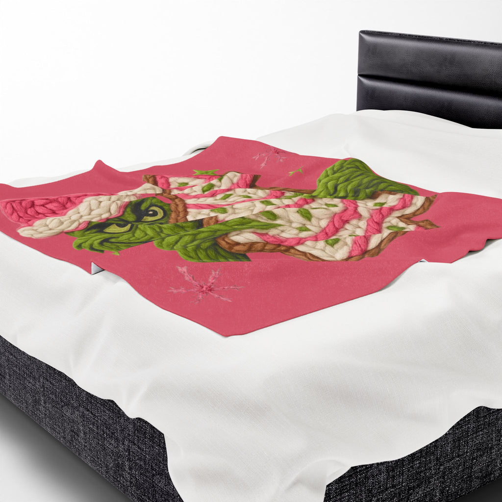 Grinch Holiday Plush Blanket – Cozy Velveteen Christmas Throw with Knitted Tree Design