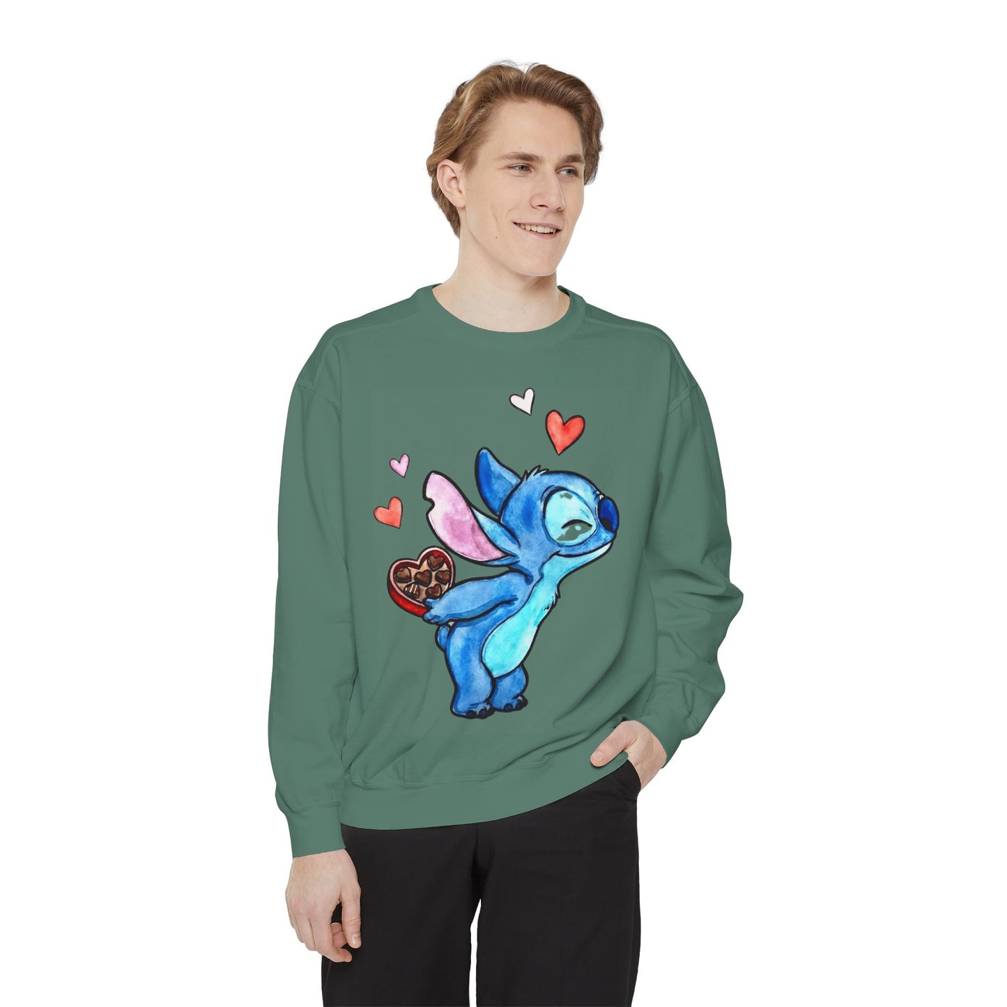 Stitch Valentine Sweatshirt — Cute Blue Alien with Hearts & Chocolate Pocket