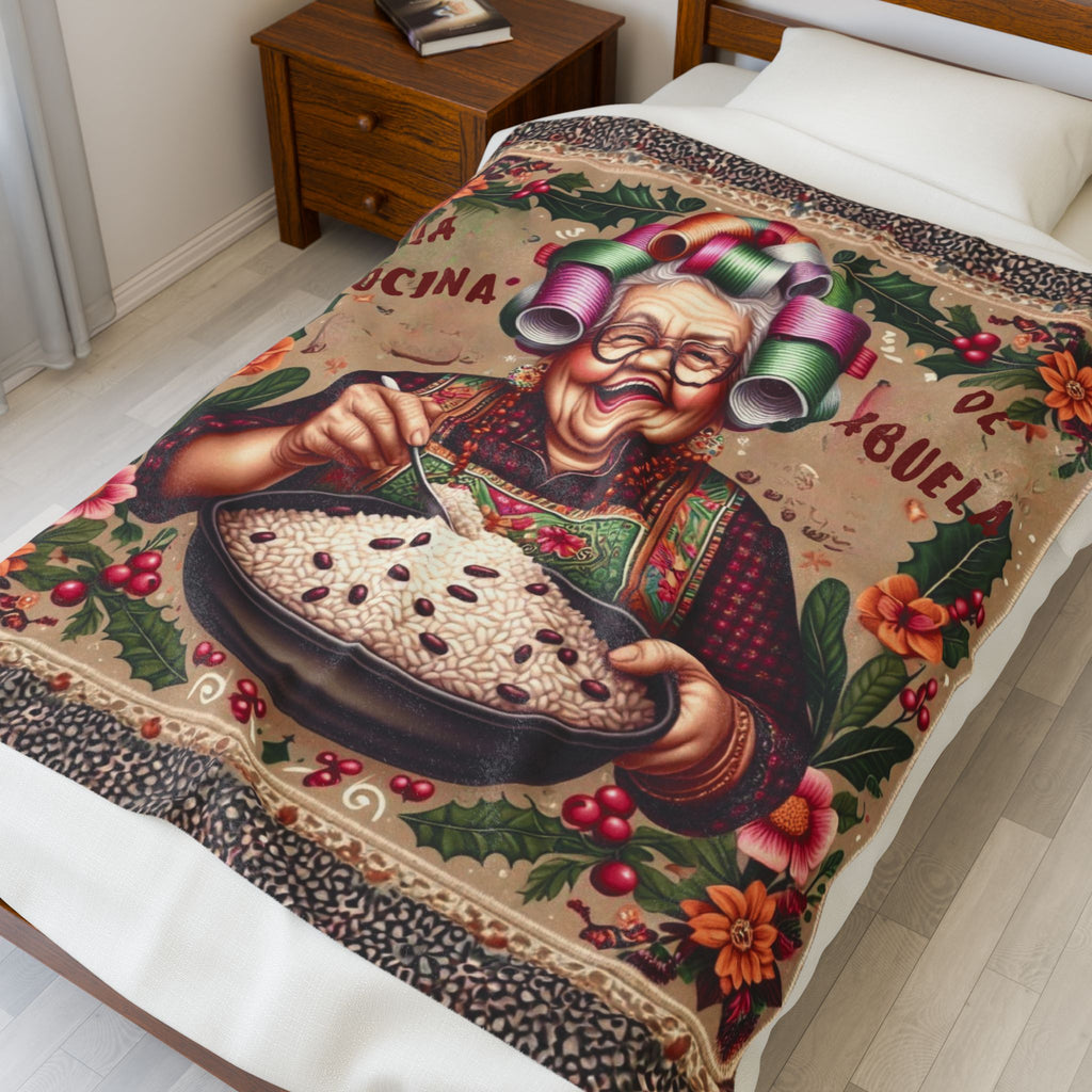 Grandma’s Cocina Velveteen Plush Blanket —Abuela Cooking Illustration Throw