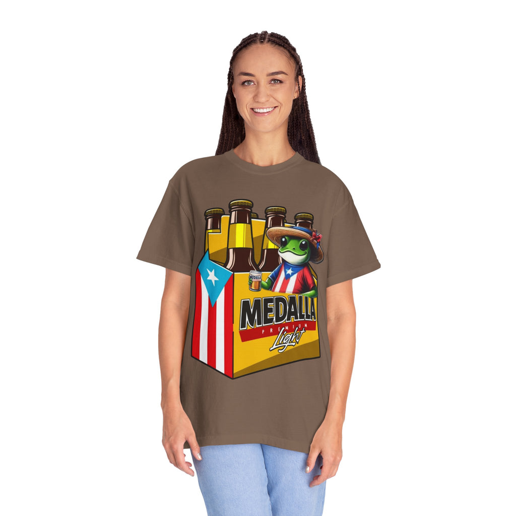 Medalla Light Puerto Rican Beer T-Shirt Coqui Frog Mascot Six-Pack Graphic Tee Puerto Rico’s Navidades