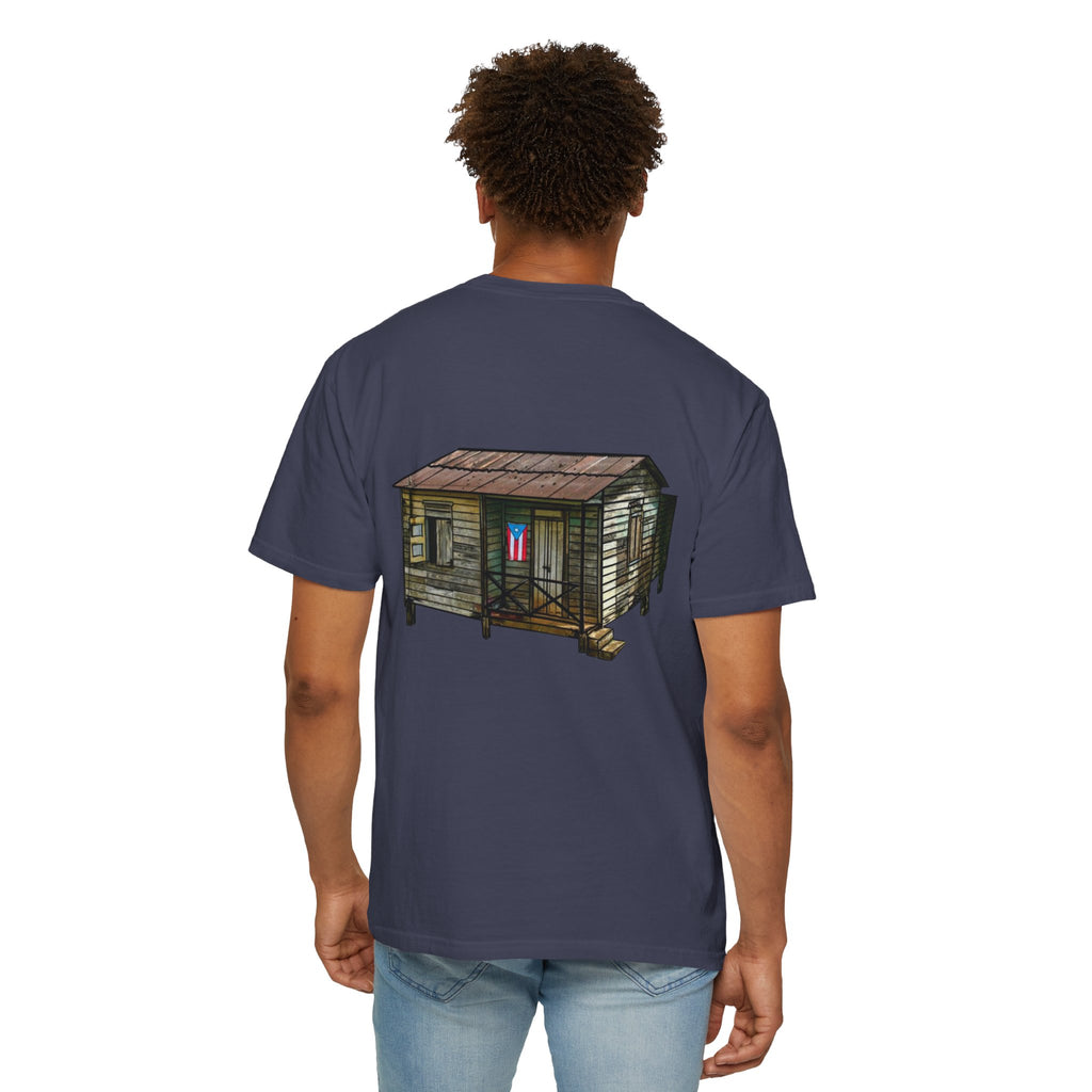 Puerto Rican Batey Cabin T-Shirt  Three Masks & Rustic House Graphic Tee Puerto Rico Navidades